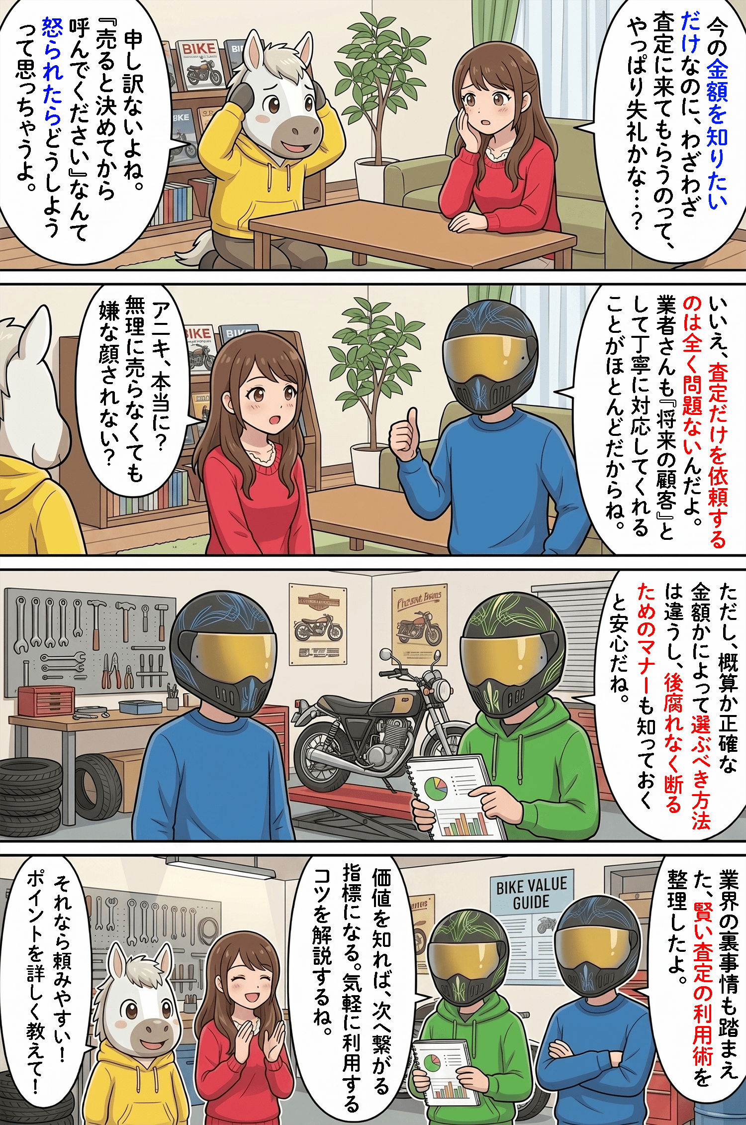 「バイク買取で査定だけの依頼はできる？相場を賢く知る方法と業者選びのコツを紹介」のコラム冒頭4コマ漫画