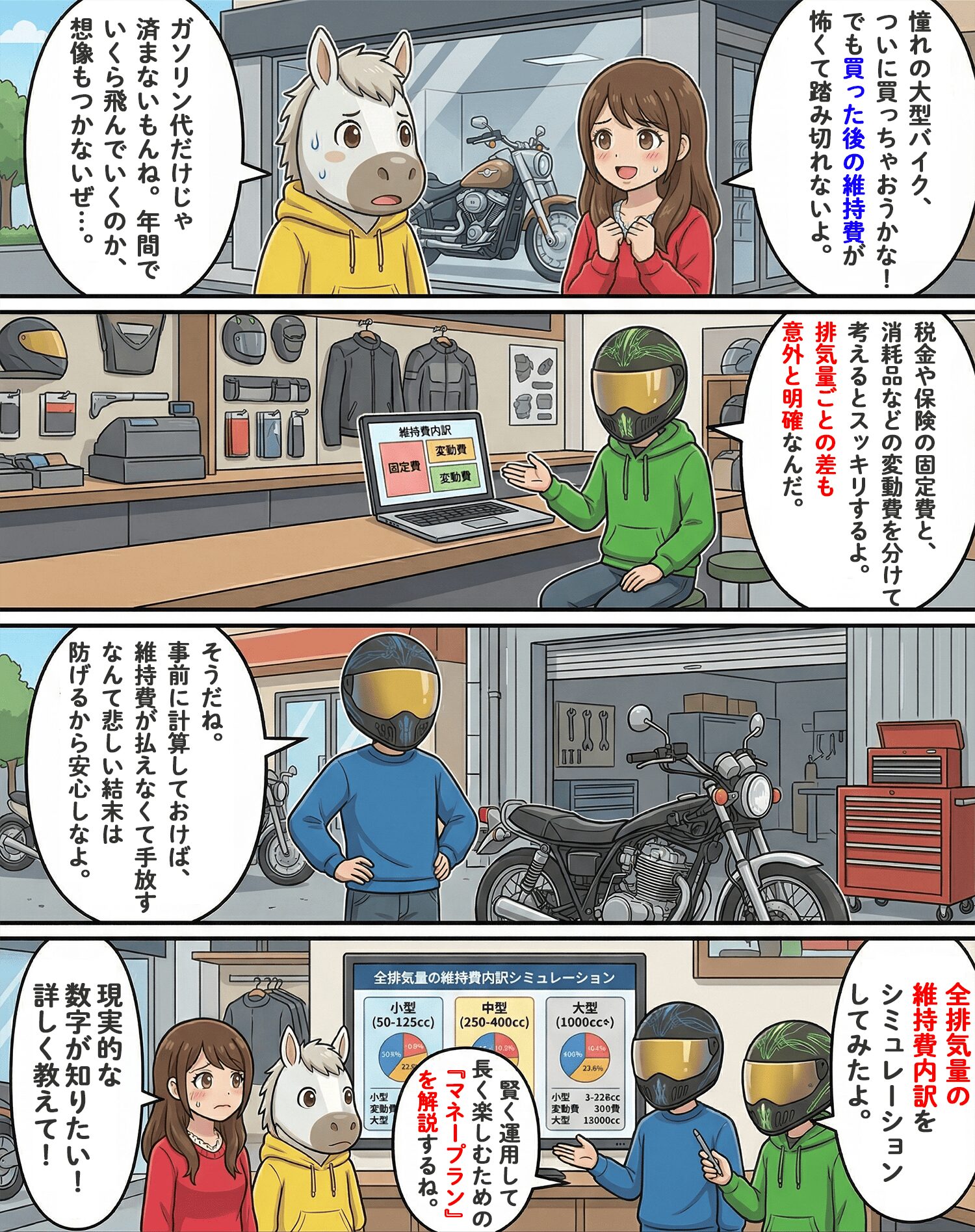 「バイクの維持費は250ccが最強？原付から大型まで排気量別の年間費用をシミュレーション」のコラム冒頭4コマ漫画