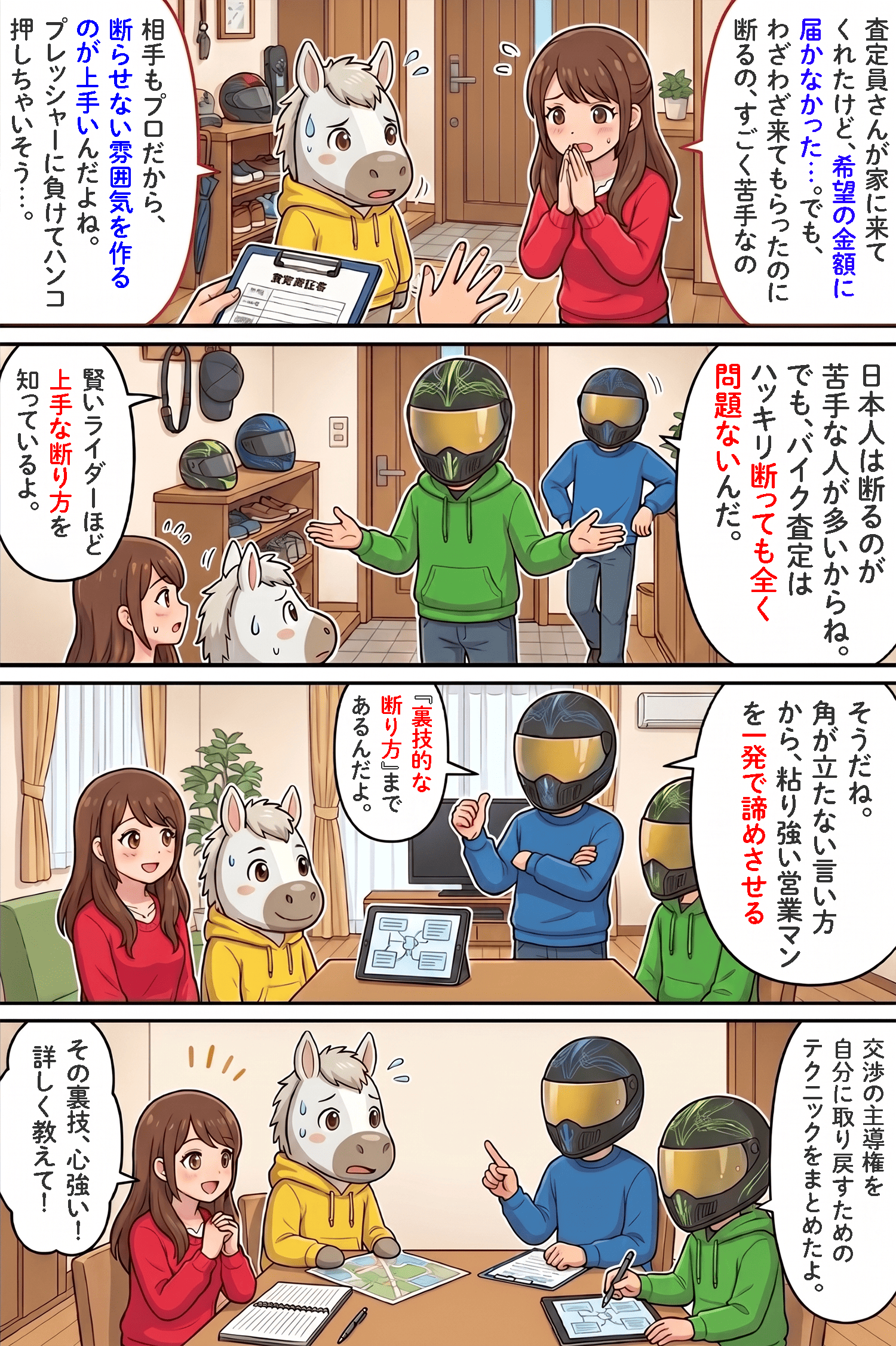 「バイク査定の断り方｜査定員を一撃で帰らせる裏技と断った後の高額売却術を紹介」のコラム冒頭4コマ漫画