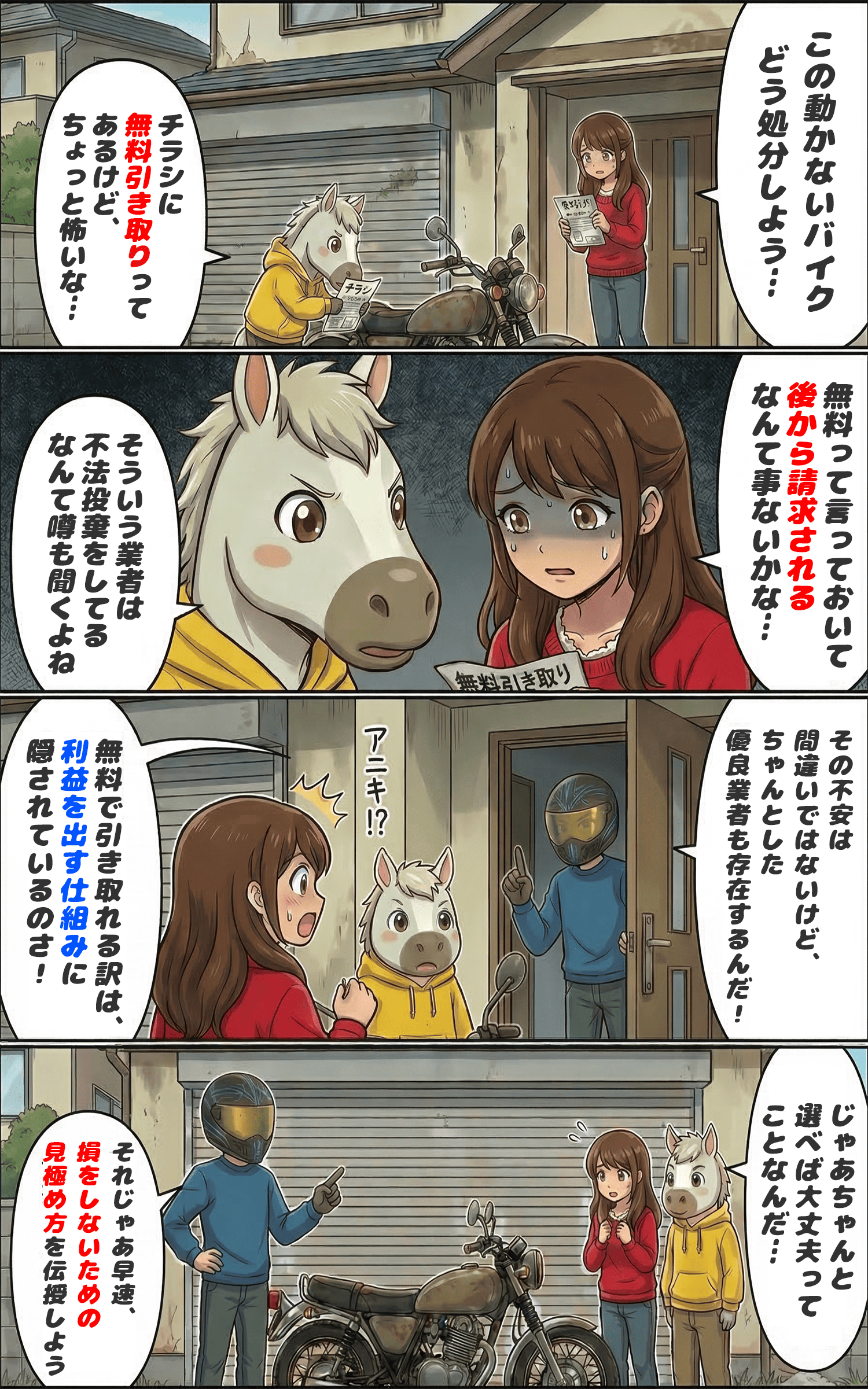 「バイクの無料引き取りはなぜ可能？仕組みと怪しい業者の見分け方｜損しない手放し方も紹介」のコラム冒頭4コマ漫画