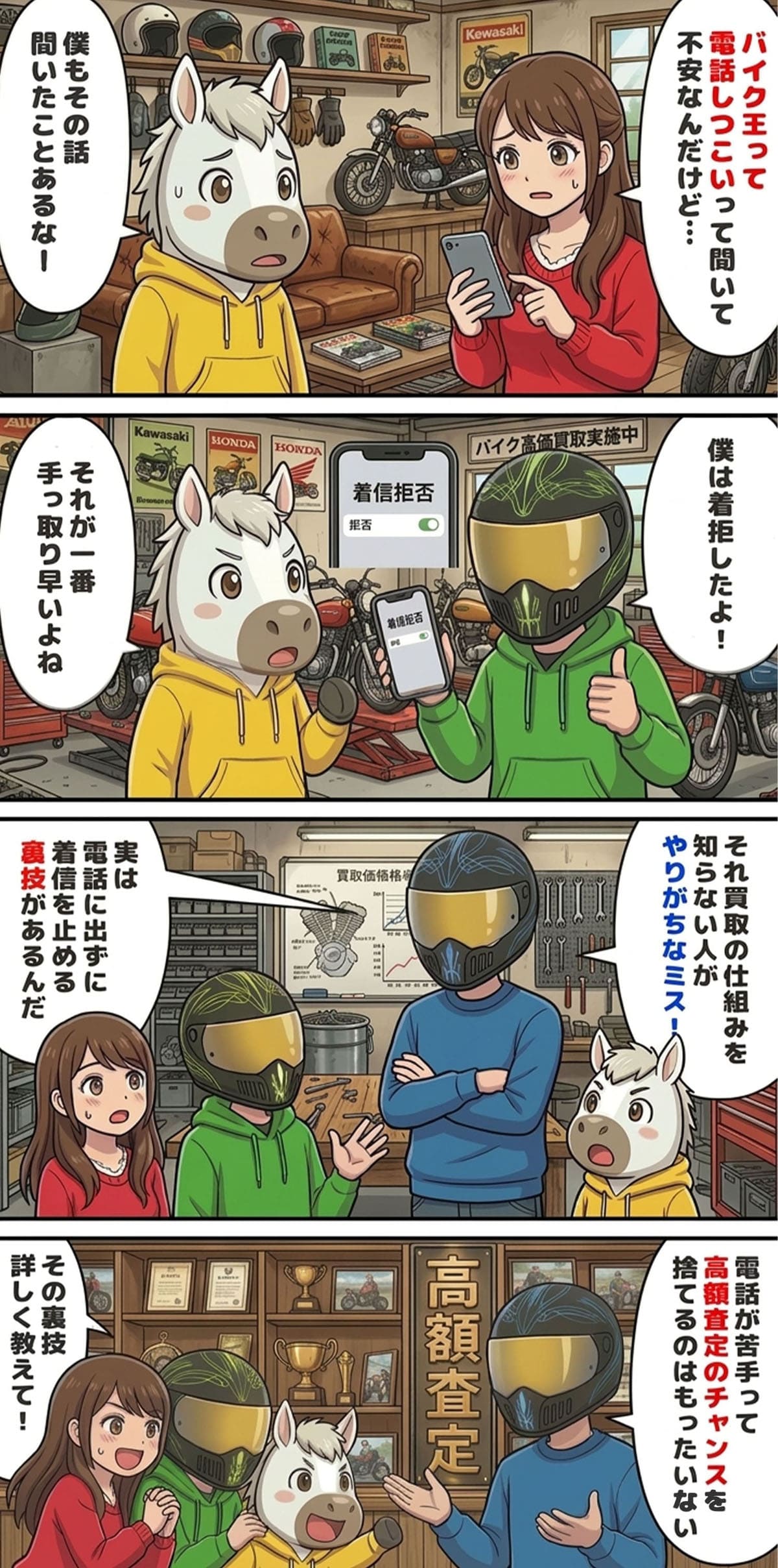 「バイク王の営業電話がしつこい？噂の真相としつこいと感じた時の対処法」のコラム冒頭4コマ漫画