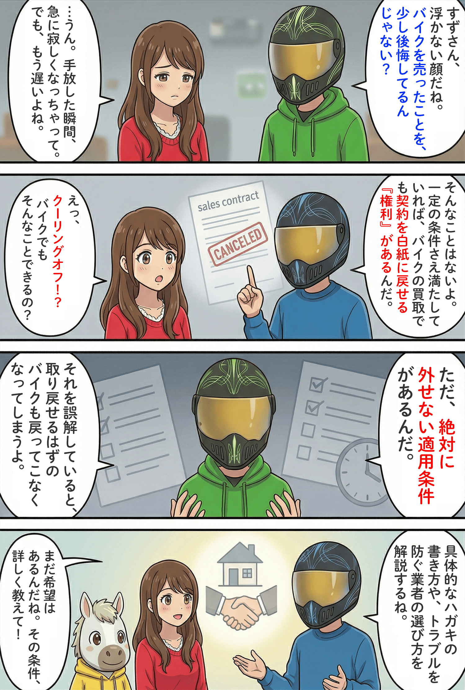 「バイク買取もクーリングオフは可能！適用される3つの条件と提出書面の書き方を紹介」のコラム冒頭4コマ漫画
