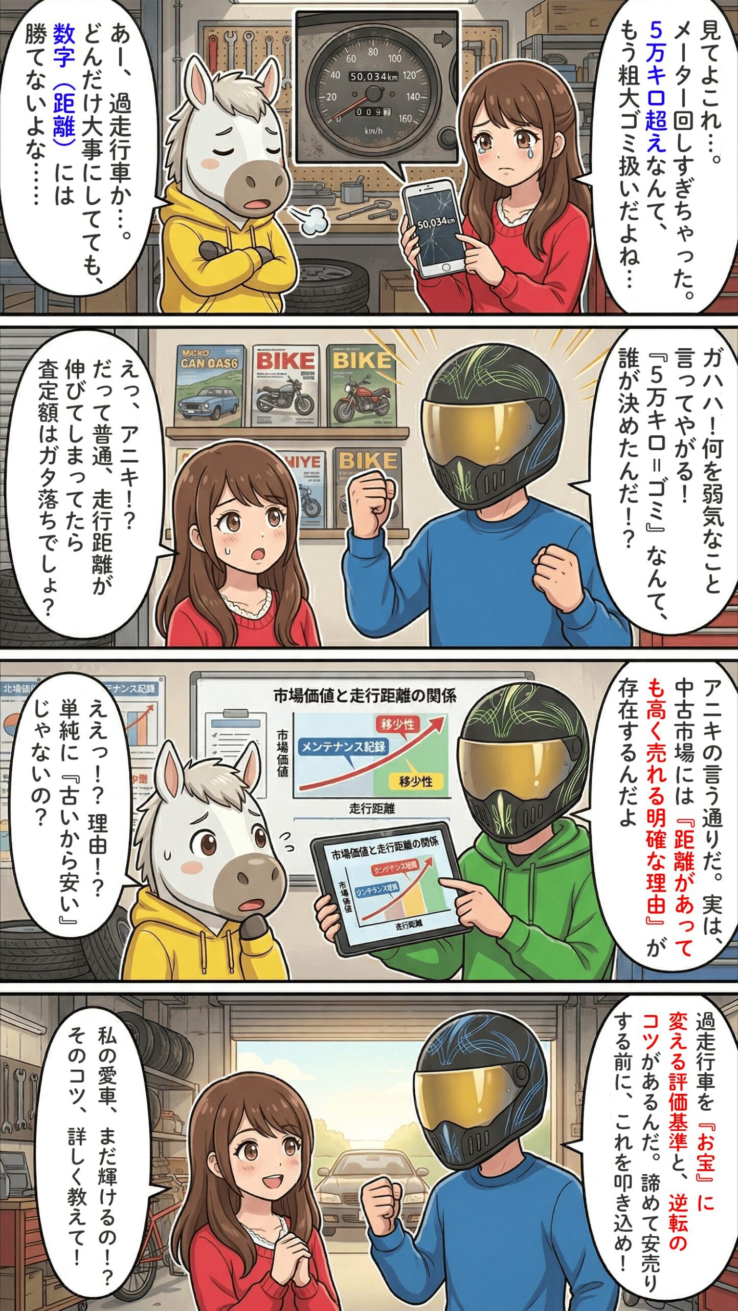 「バイクの買取額は走行距離でどう変わる？排気量別の目安と過走行でも高く売るコツ」のコラム冒頭4コマ漫画
