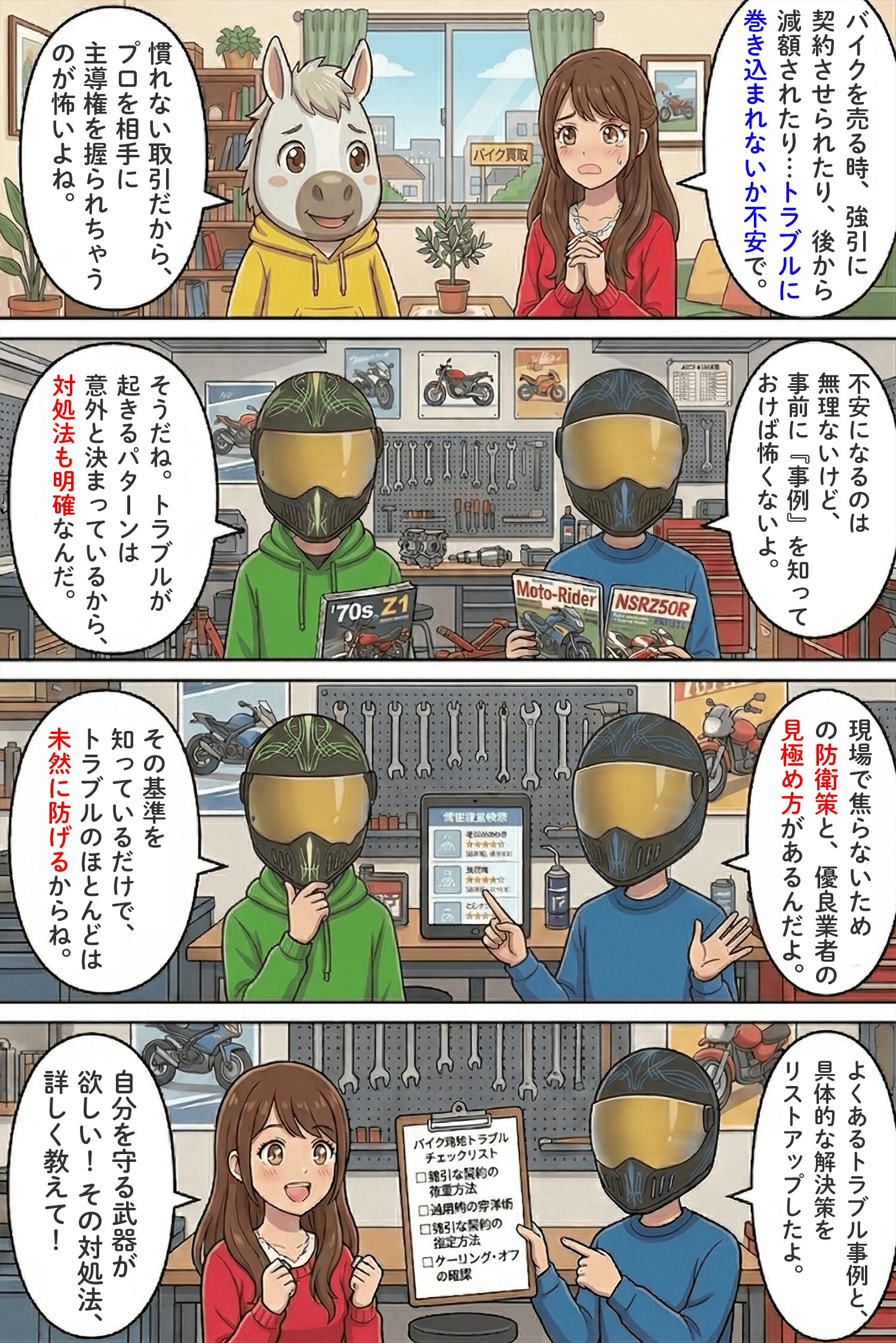 「バイク買取で多いトラブル7選！スムーズに売却するための対処法と注意点まとめ」のコラム冒頭4コマ漫画