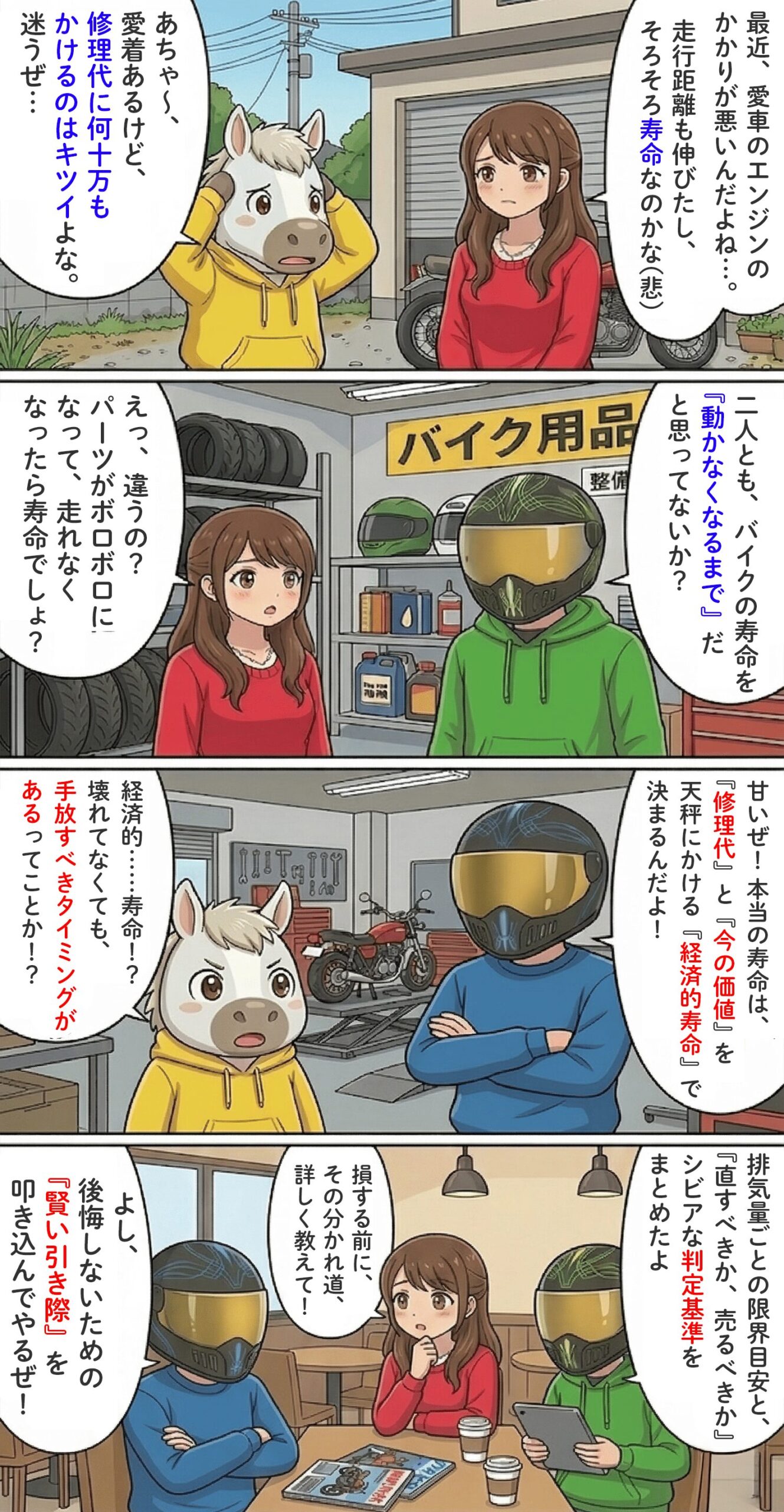 「バイクの寿命は何キロ?排気量別の走行距離の目安と「経済的寿命」の見極め方」のコラム冒頭4コマ漫画