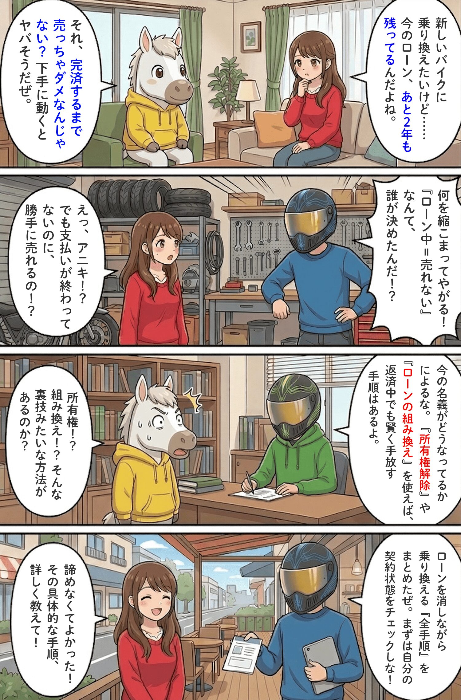 「ローン返済中のバイクでも売ることは可能！残債がある愛車を賢く手放す手順と注意点」のコラム冒頭4コマ漫画