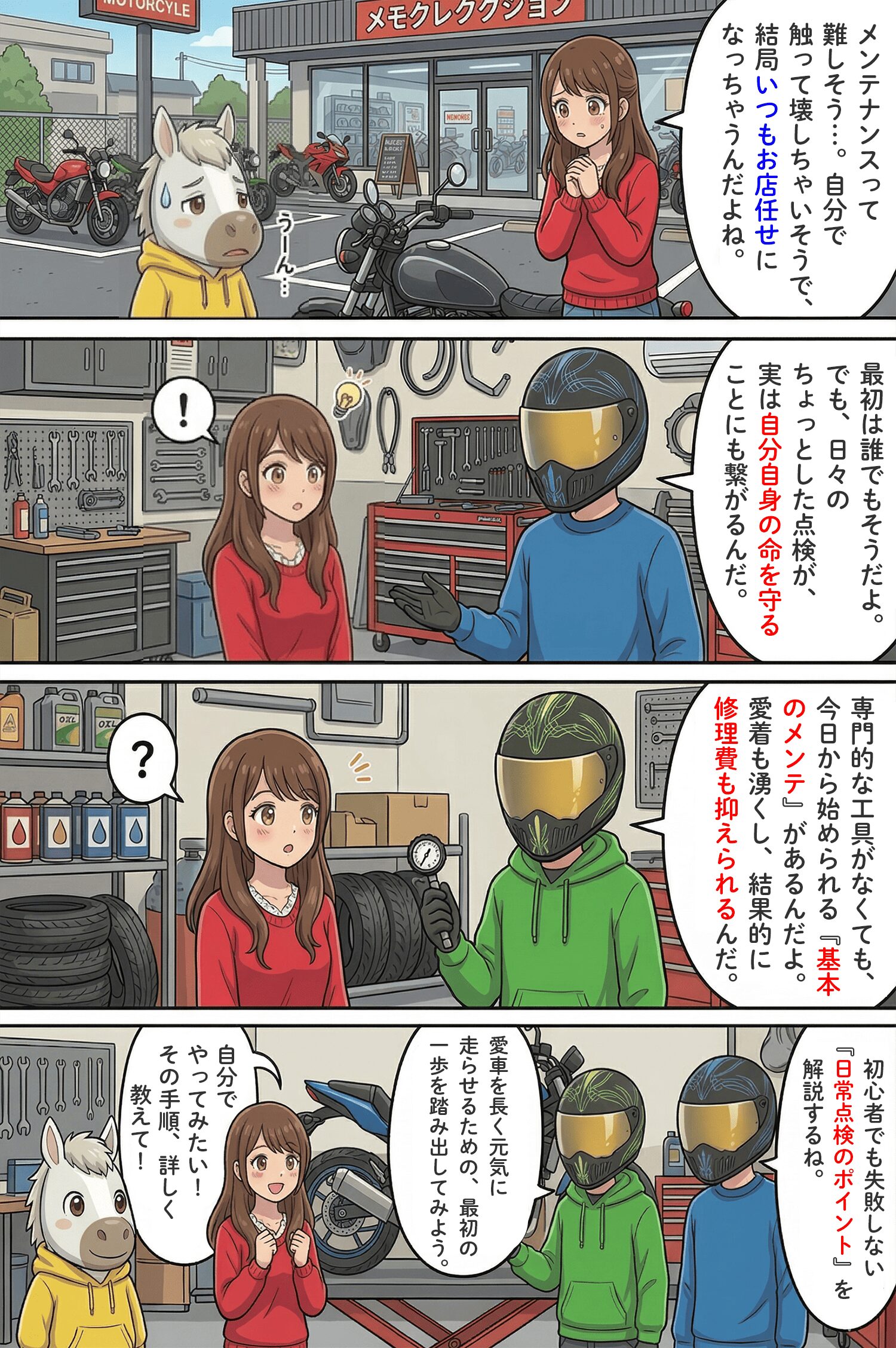 「バイクメンテナンスの基本！初心者が自分でできる点検項目や洗車のコツまで完全ガイド」のコラム冒頭4コマ漫画