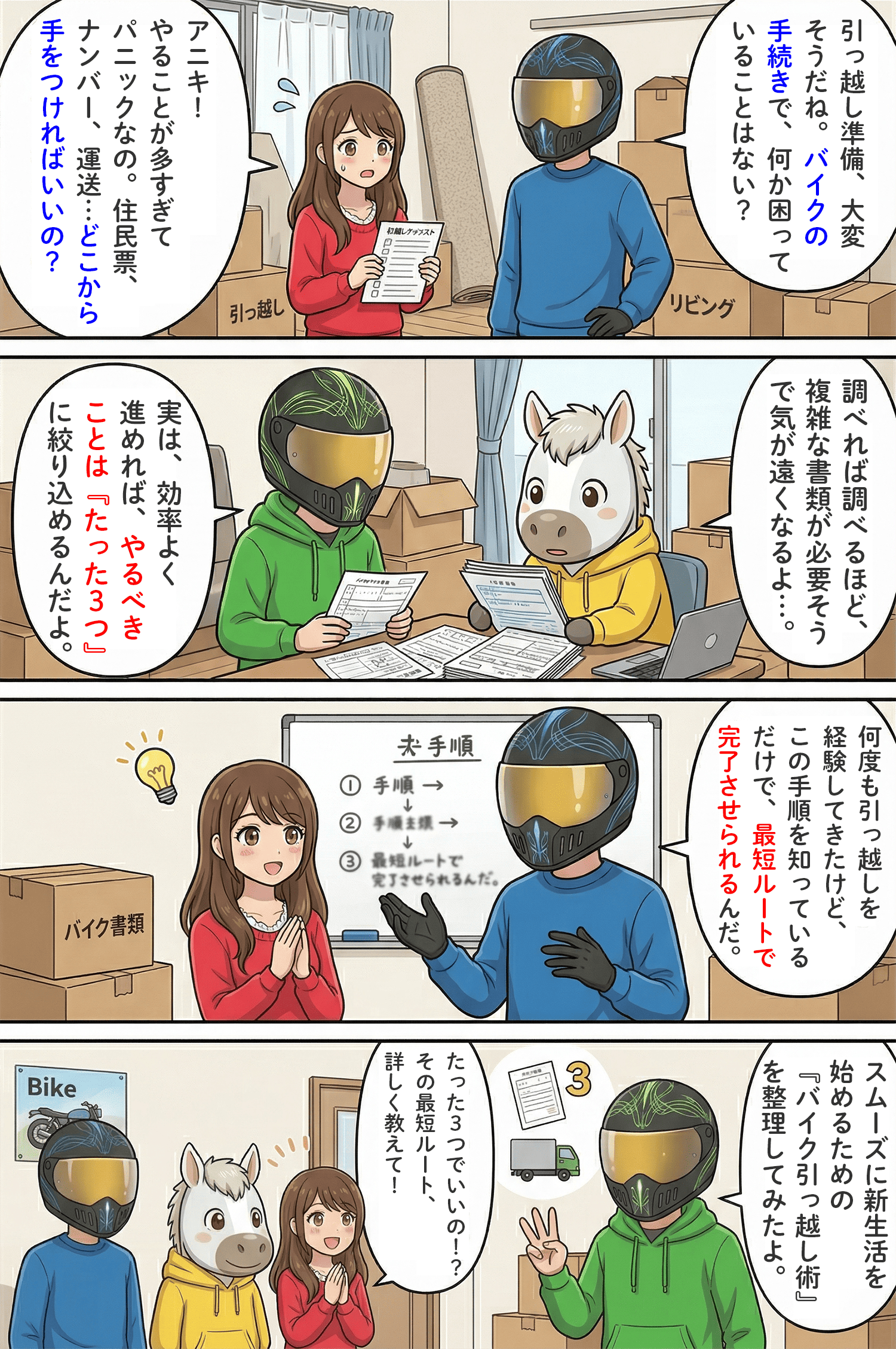 「バイクの引越しでやることは3つだけ！運搬方法から住所変更までサクッと終わらせる全手順」のコラム冒頭4コマ漫画