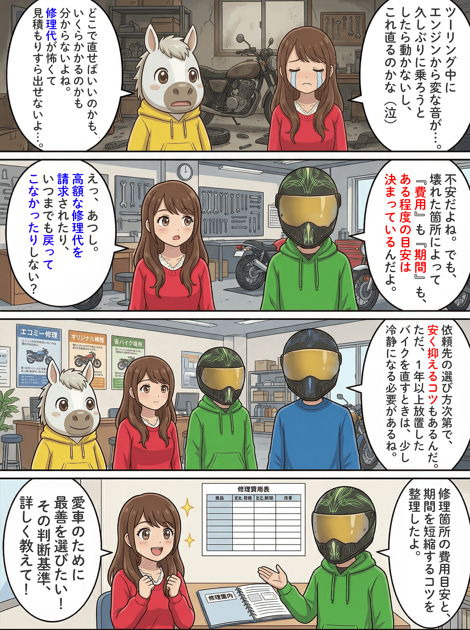 「バイク修理はどこに頼むのが正解？依頼先の選び方から費用・時間の目安を紹介」のコラム冒頭4コマ漫画