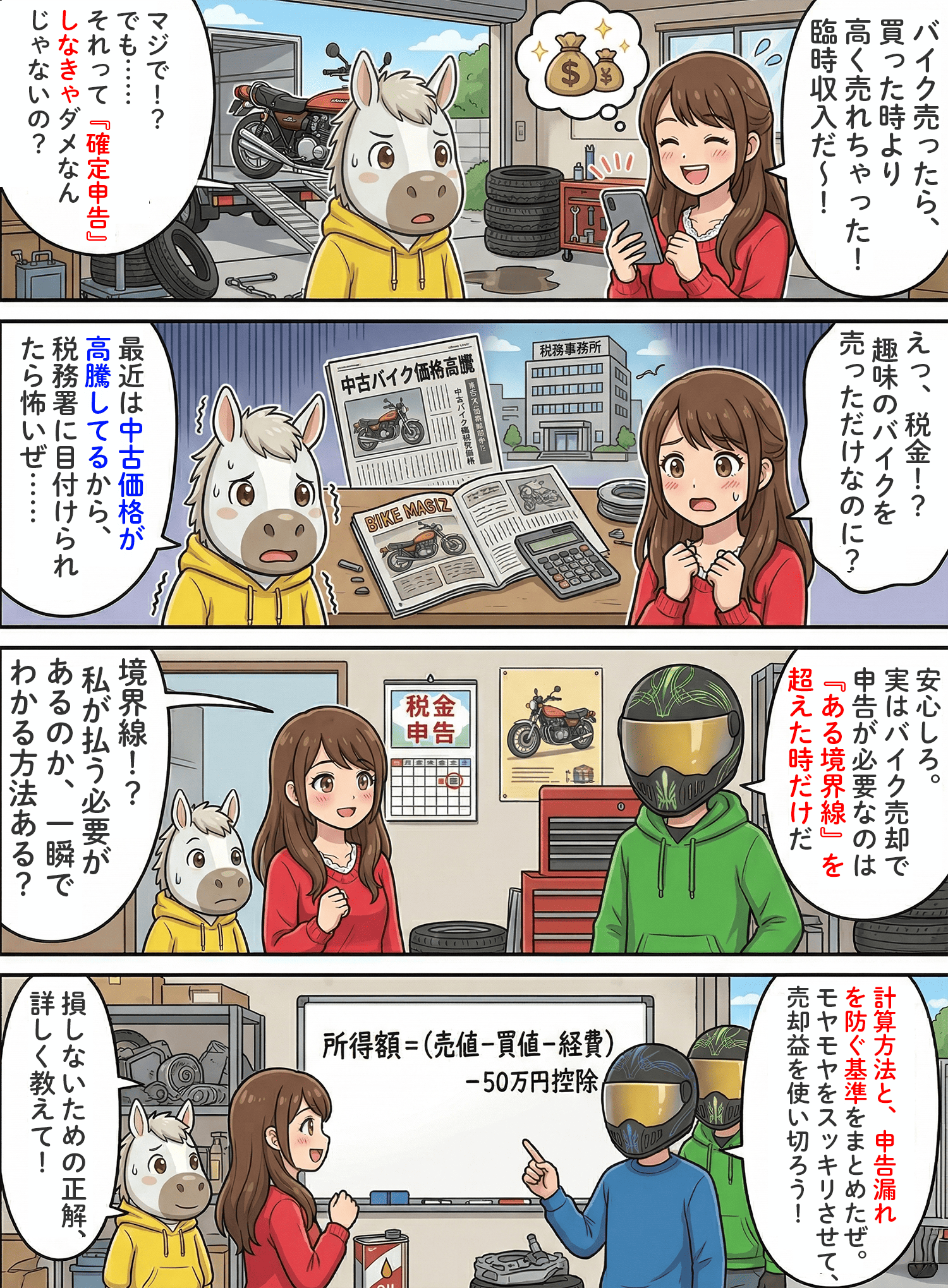 「バイク売却で確定申告は基本不要！確定申告が必要な例外ケースには要注意」のコラム冒頭4コマ漫画