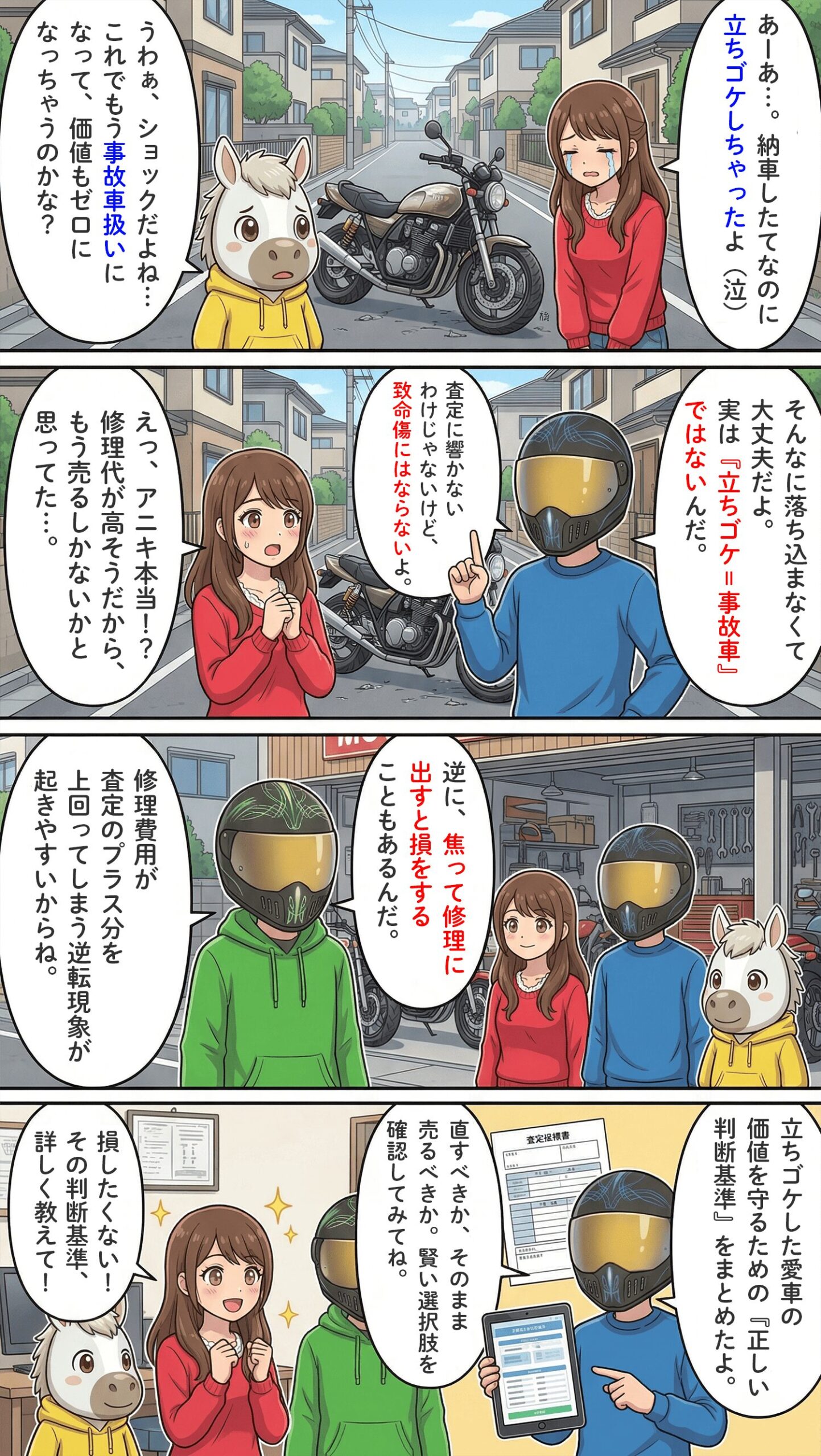 「立ちゴケしたバイクの査定への影響は？事故車の定義と減額の目安｜高く売るためのコツも紹介」のコラム冒頭4コマ漫画