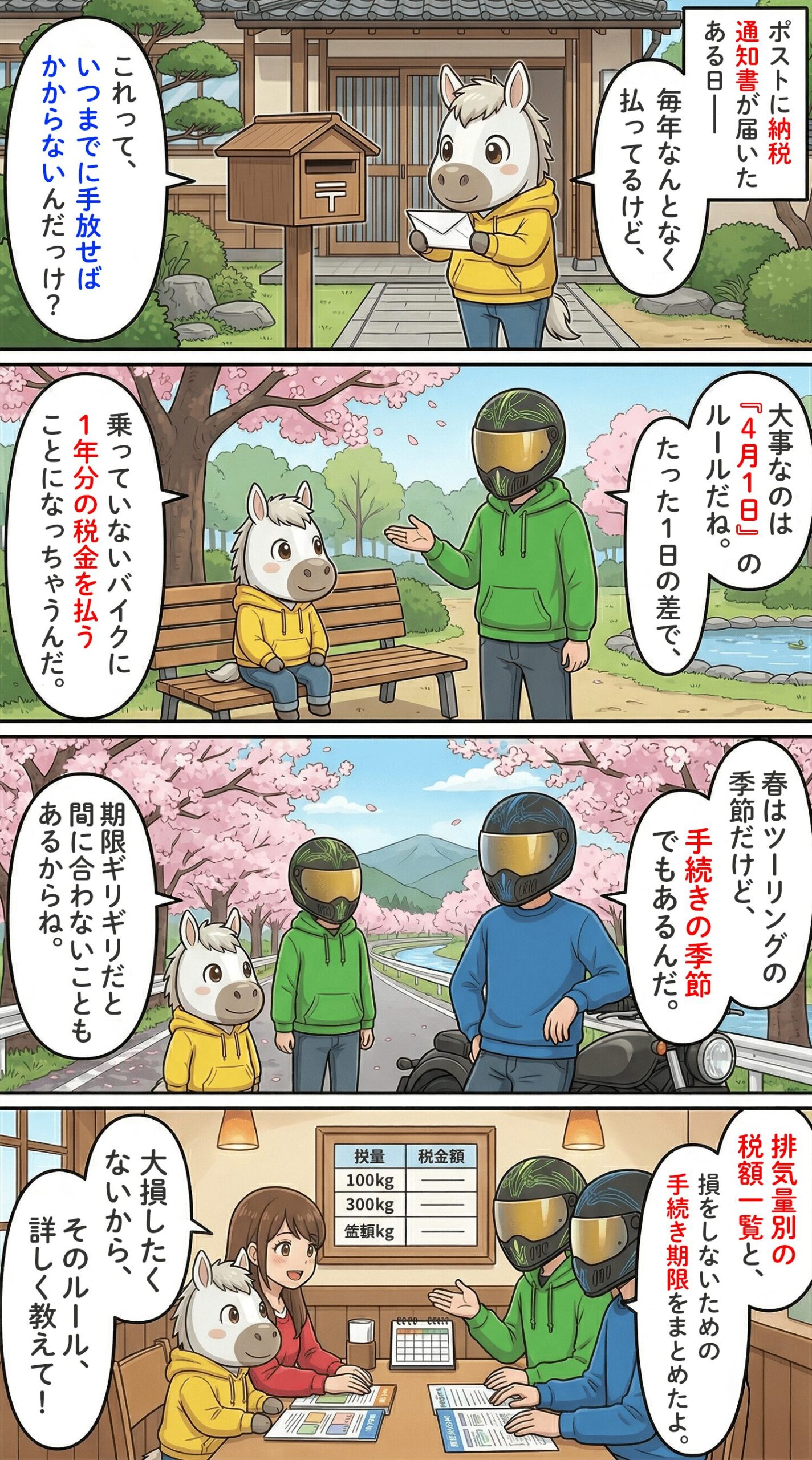 「バイクの税金は「3月31日」がデッドライン！排気量別の金額と廃車手続きの期限とは？」のコラム冒頭4コマ漫画