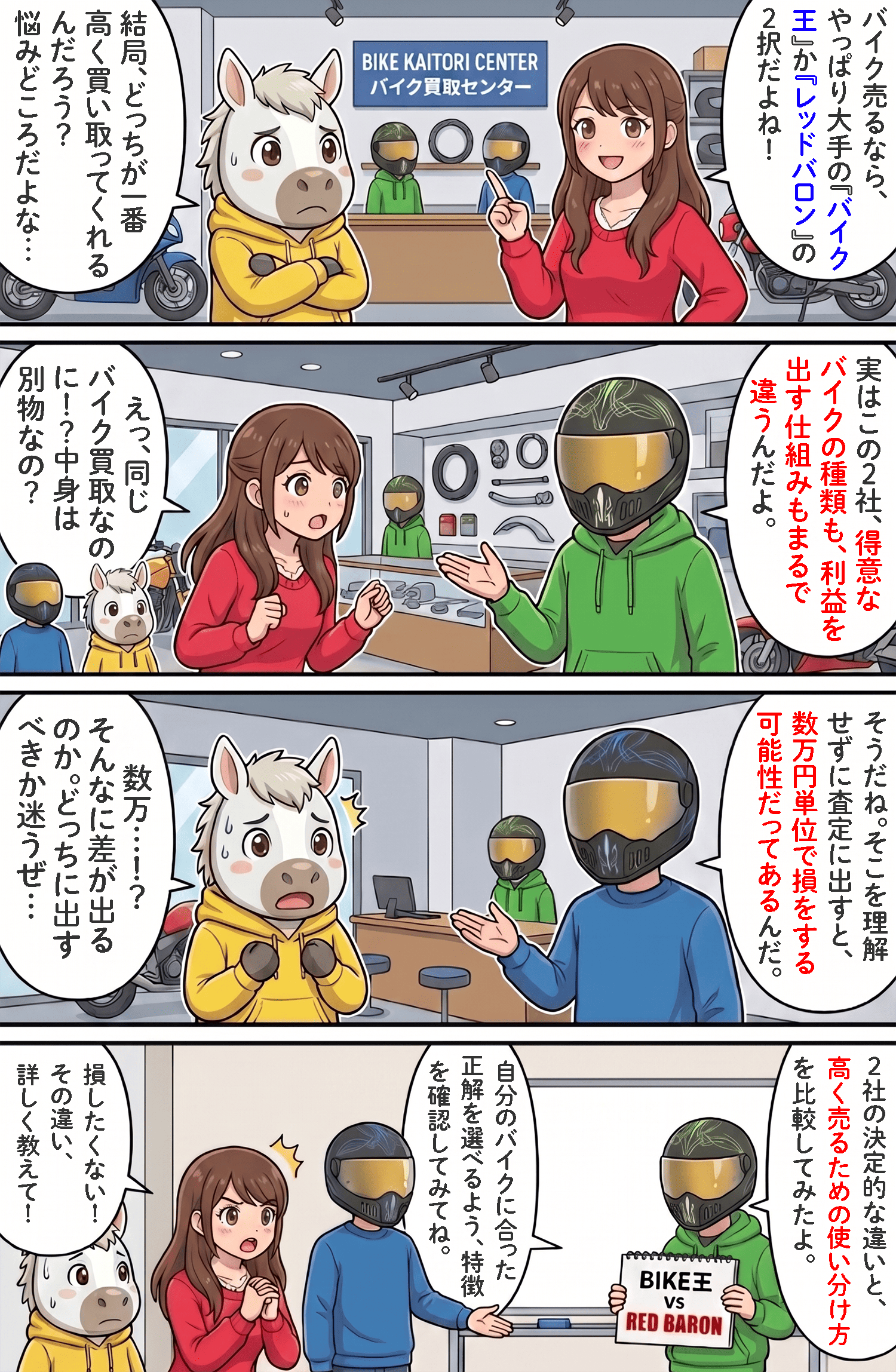 「バイク王とレッドバロンの買取を徹底比較【高く売るならどっち？】」のコラム冒頭4コマ漫画