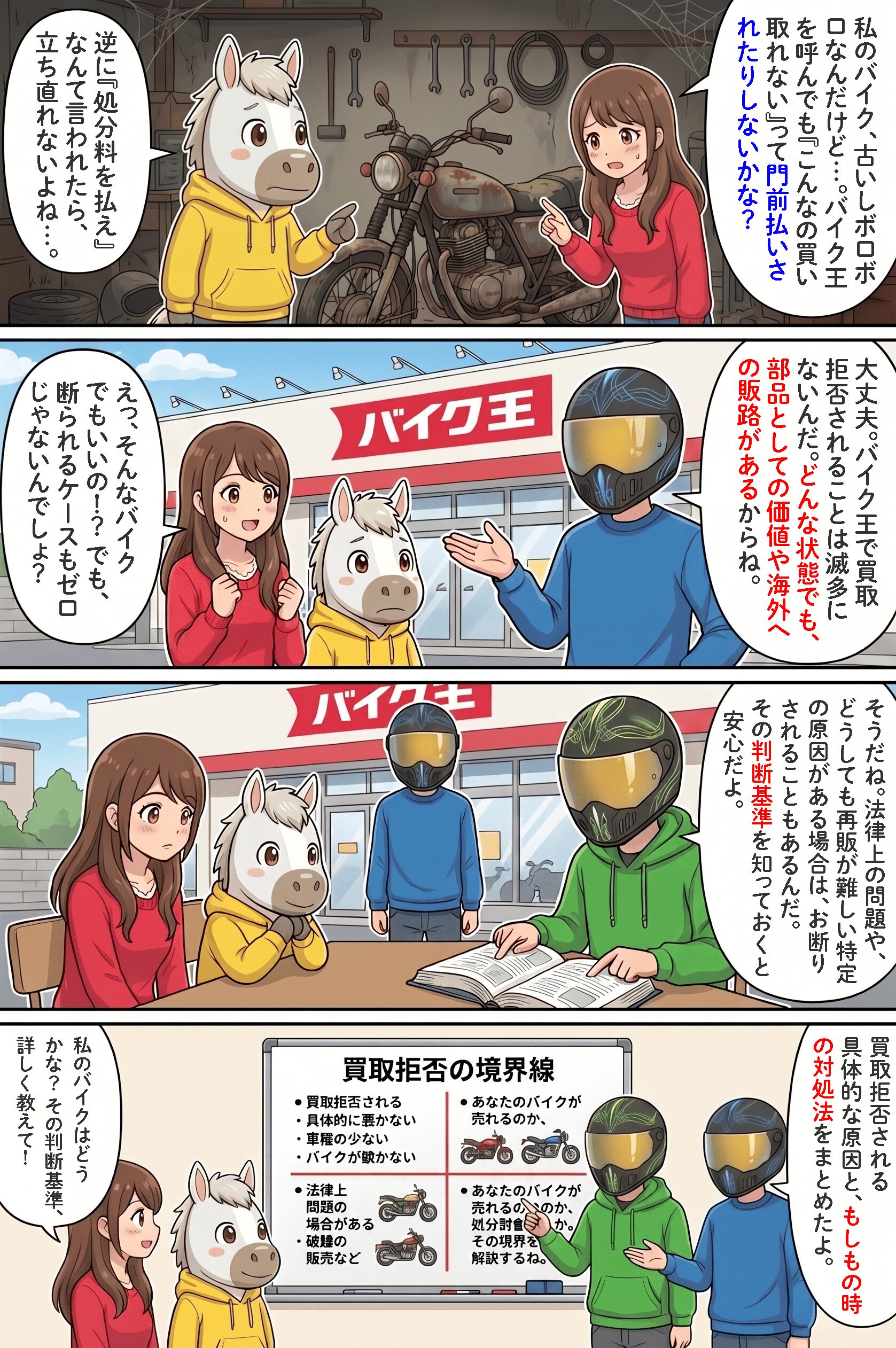 「バイク王で買取拒否される4つの理由と対処法！ボロボロの不動車は処分料がかかる？」のコラム冒頭4コマ漫画