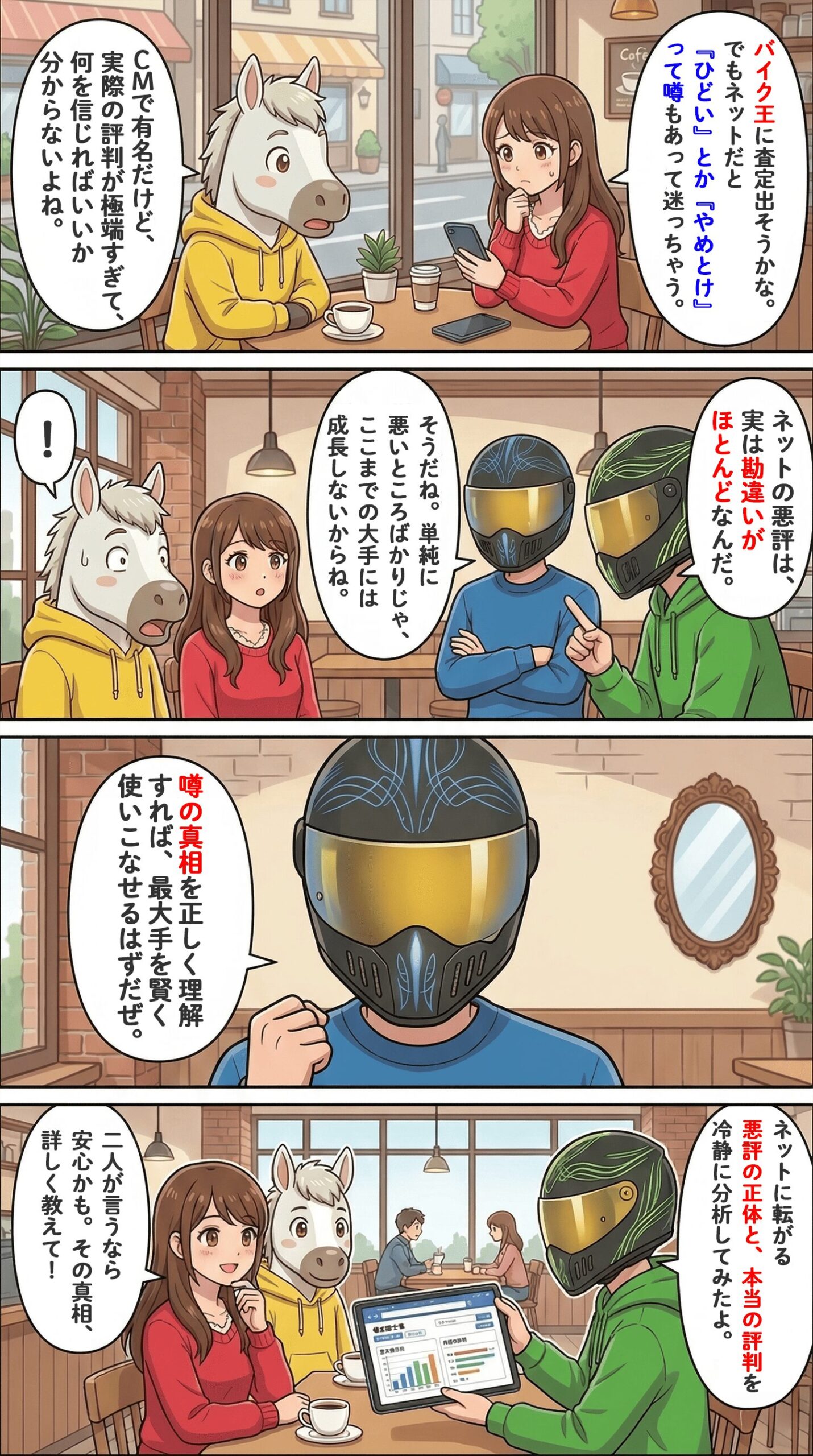 「バイク王の評判は悪い？リアルな口コミで見る実態とバイク王で高く売るコツ」のコラム冒頭4コマ漫画