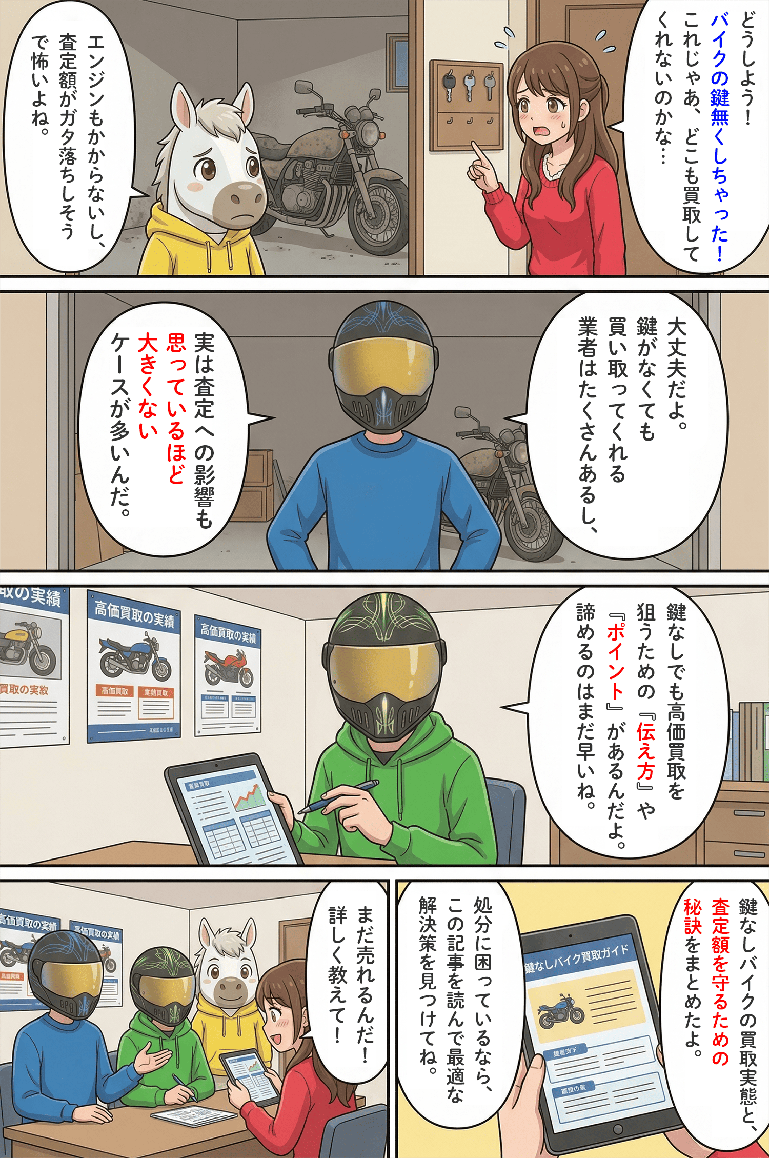 「鍵なしバイクの買取は可能！減額の目安と高く売るために必要な全知識」のコラム冒頭4コマ漫画