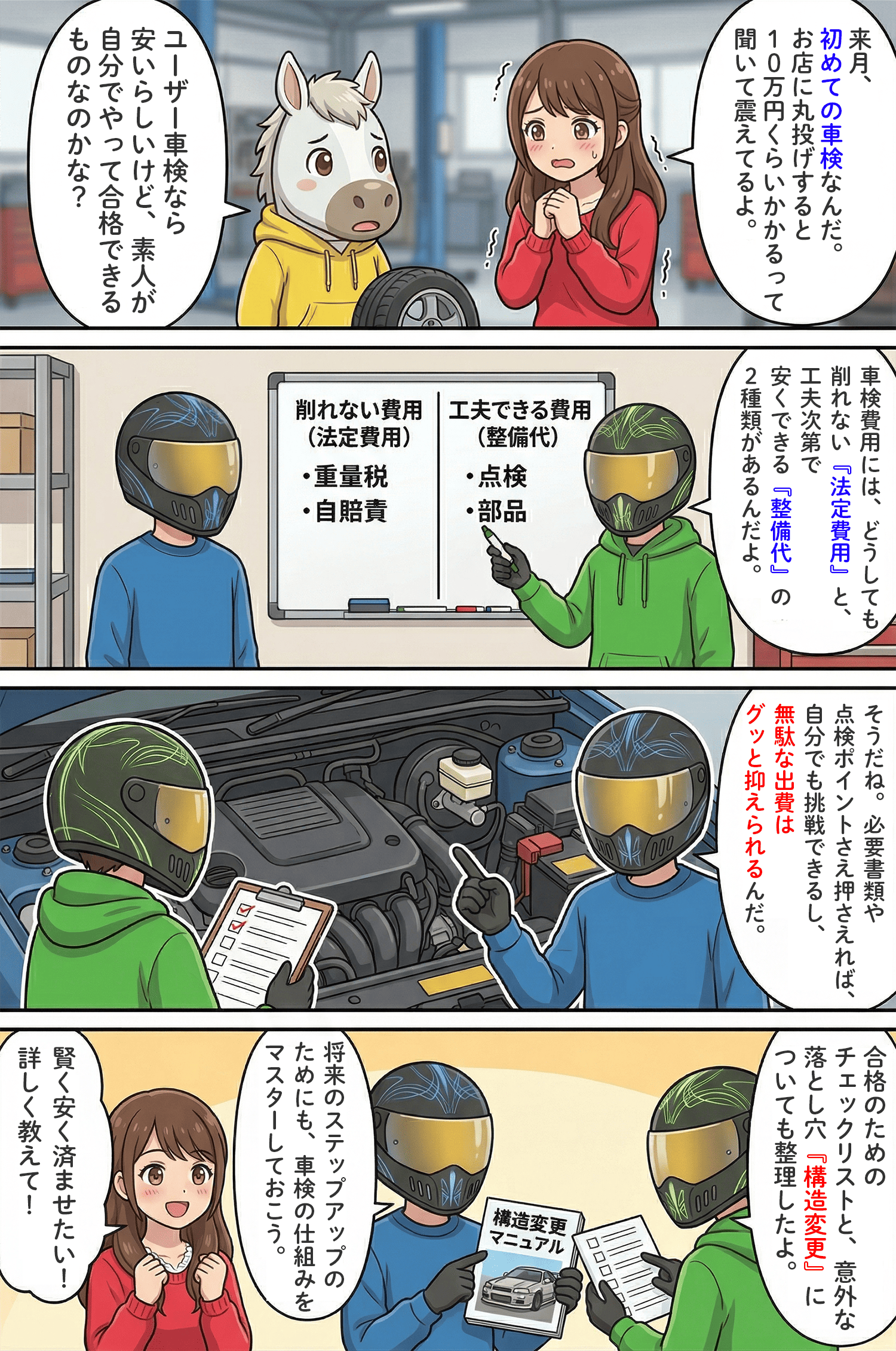 「バイクの車検で損したくない人必見！費用の内訳からユーザー車検の裏技まで完全網羅」のコラム冒頭4コマ漫画