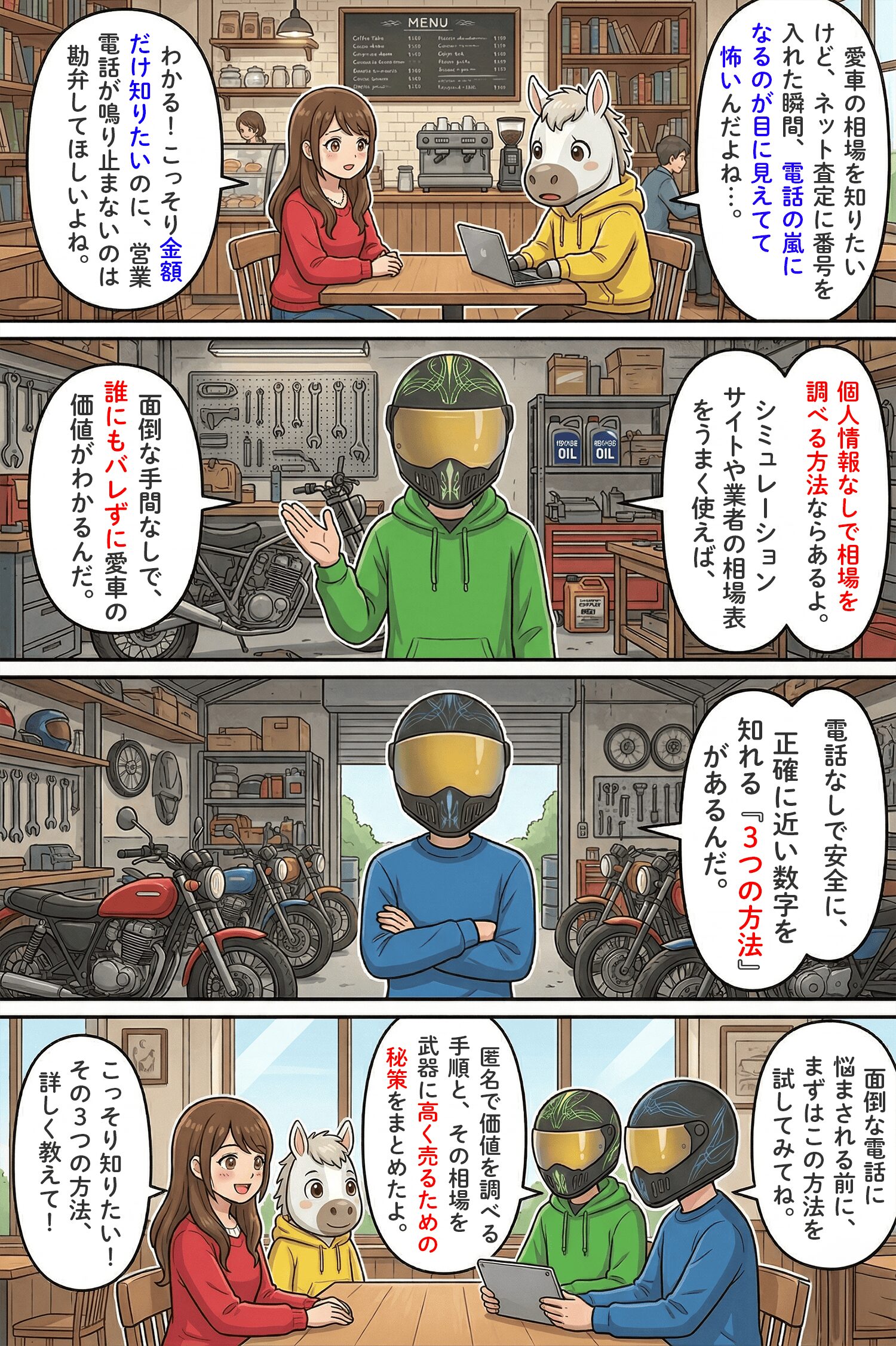 「個人情報なしでバイク査定！相場を知る3つの方法とシミュレーションの落とし穴とは」のコラム冒頭4コマ漫画