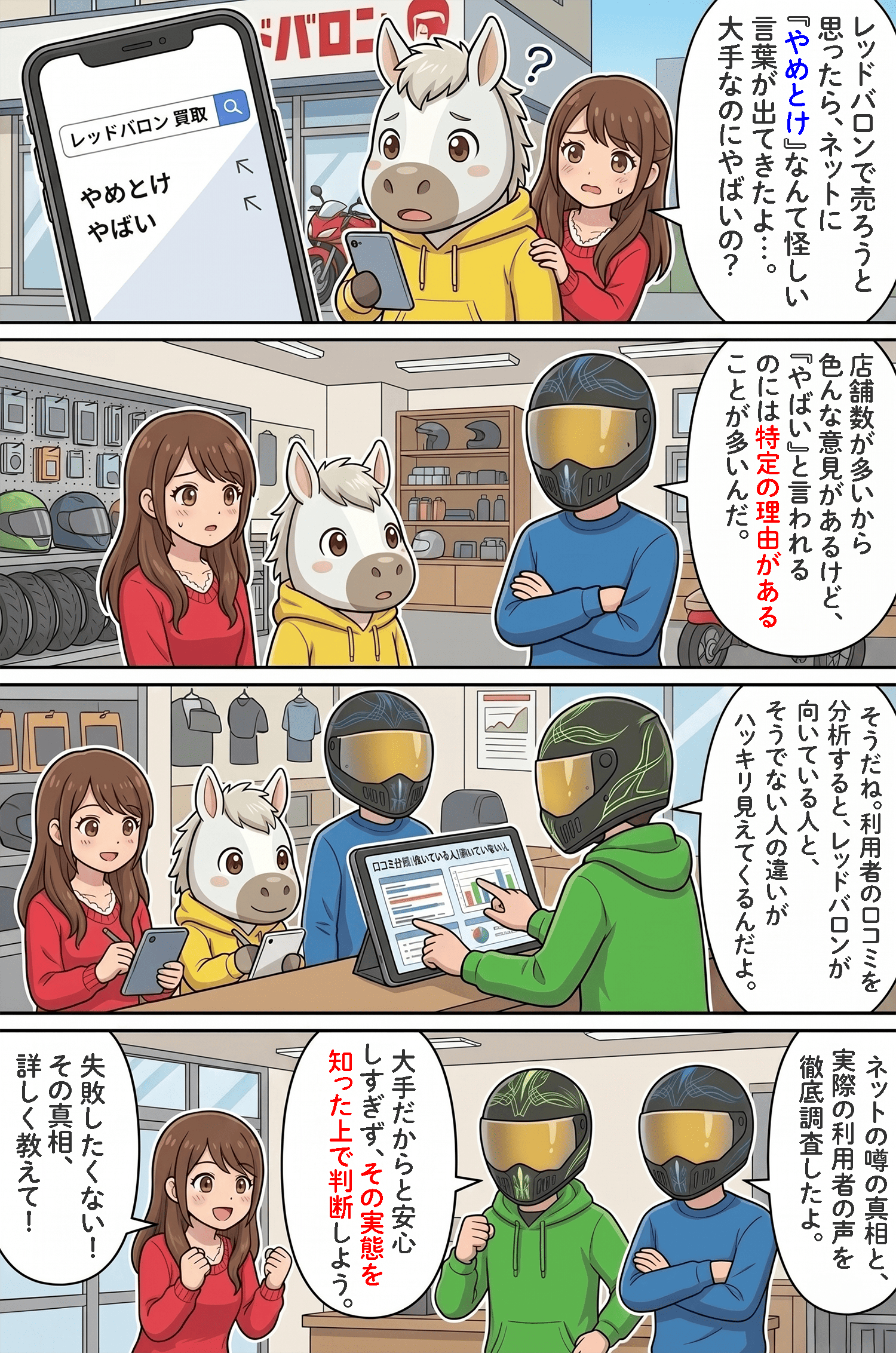 「レッドバロンの評判は悪い?買取の口コミから見えたメリット・デメリットと他社比較」のコラム冒頭4コマ漫画