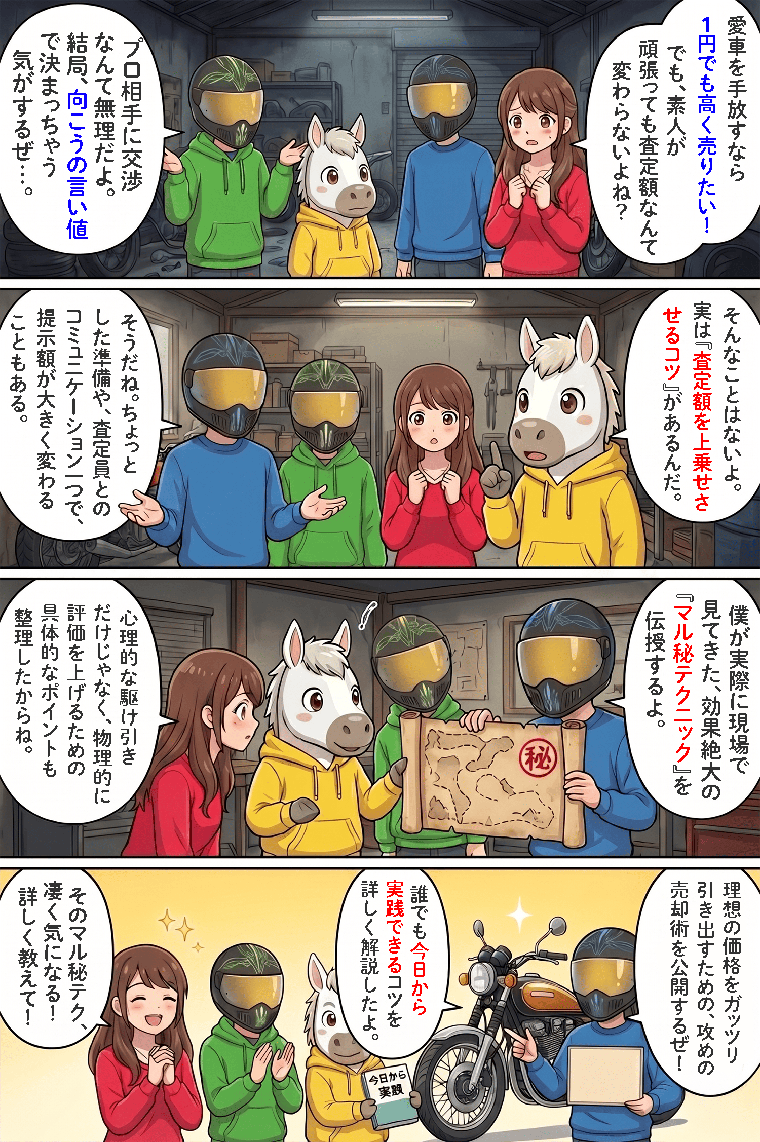 「バイクを高く売るコツとは？買取額が50万円アップしたバイク屋が隠すテクニック」のコラム冒頭4コマ漫画