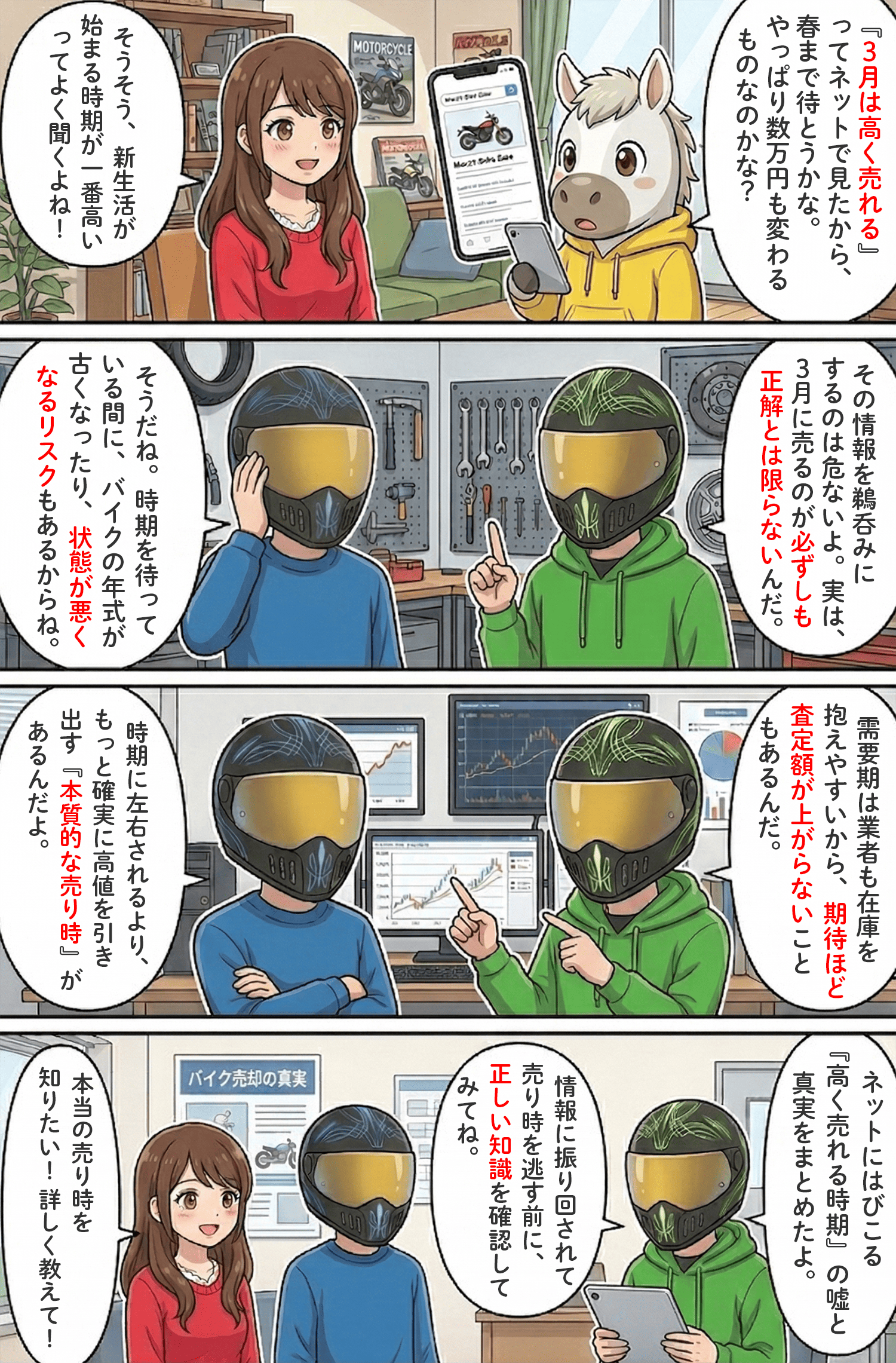 「バイクが高く売れる時期は存在しない！3年分の買取データで見る本当の売り時とは」のコラム冒頭4コマ漫画
