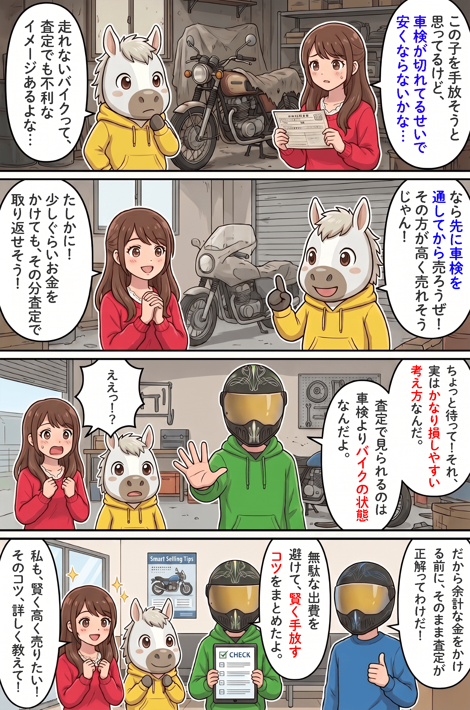「車検切れバイクの買取は可能？査定への影響と無駄な費用をかけず賢く売却するコツ」のコラム冒頭4コマ漫画