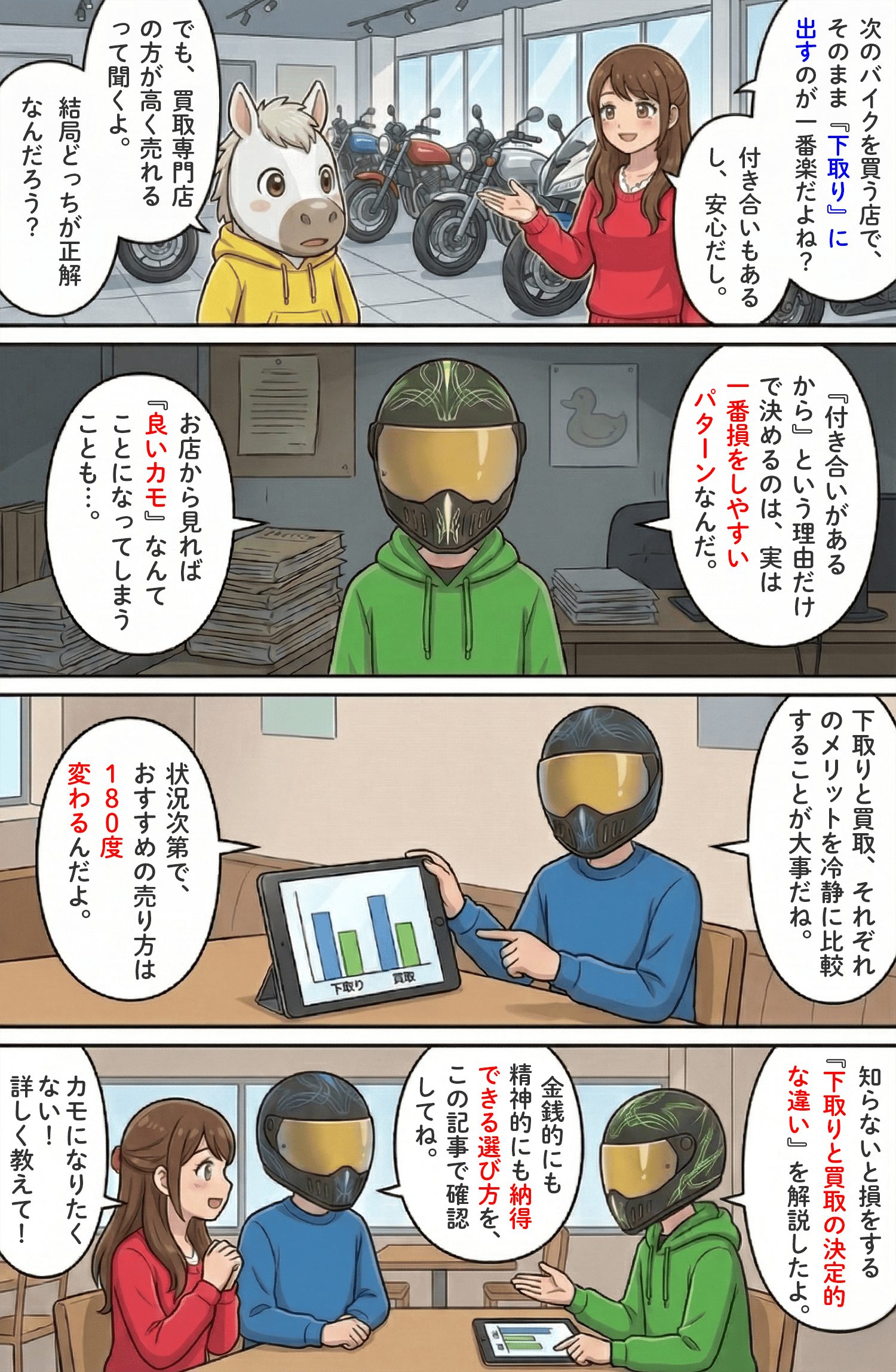 「バイクの下取りと買取の違いとは？メリットデメリットと最も高く売る方法」のコラム冒頭4コマ漫画