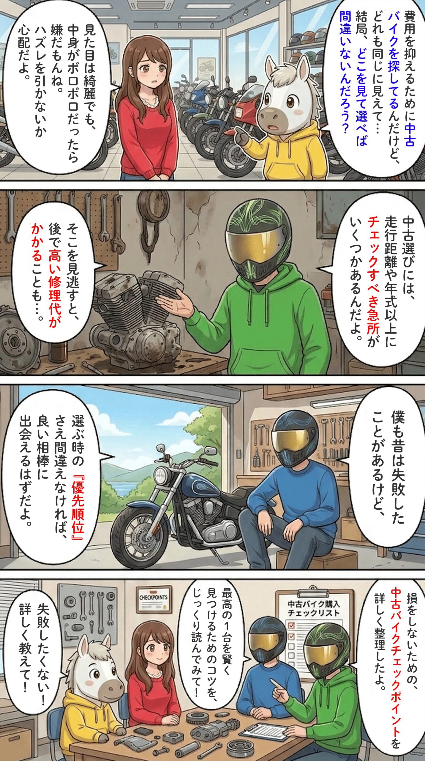 「失敗しない中古バイクの選び方とは？後悔しないための確認ポイント」のコラム冒頭4コマ漫画