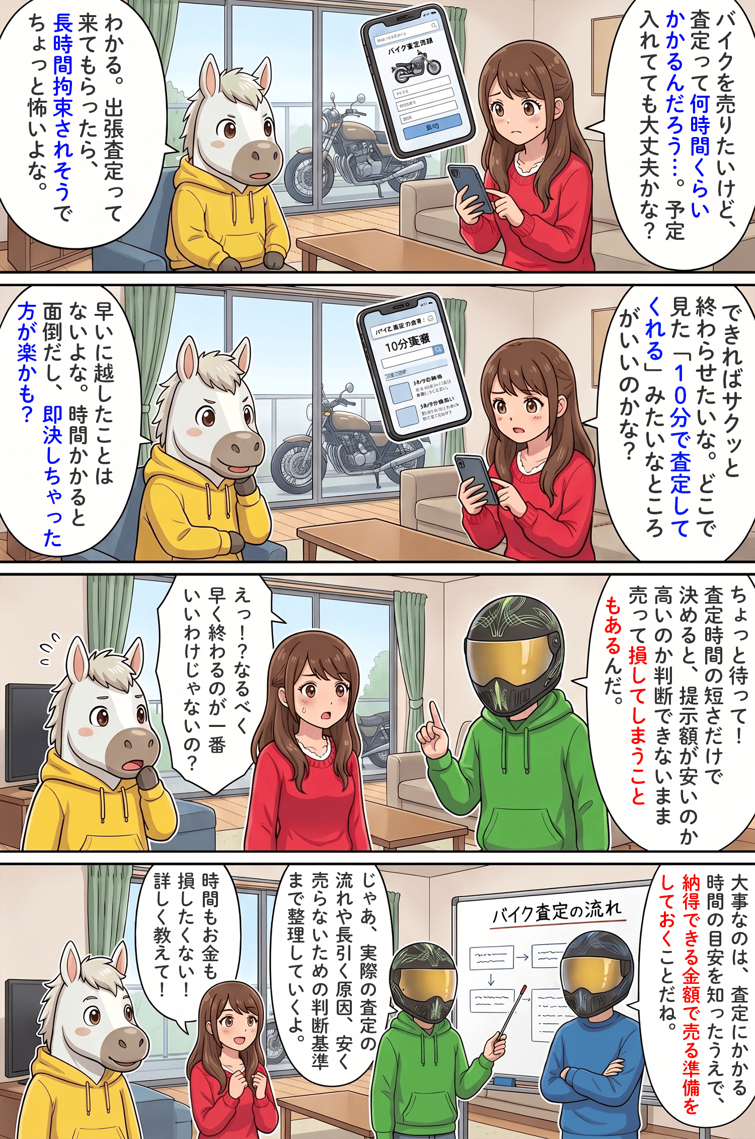 「バイク買取の査定時間はどれくらい?出張査定の流れと損せず高く売るためのコツ」のコラム冒頭4コマ漫画
