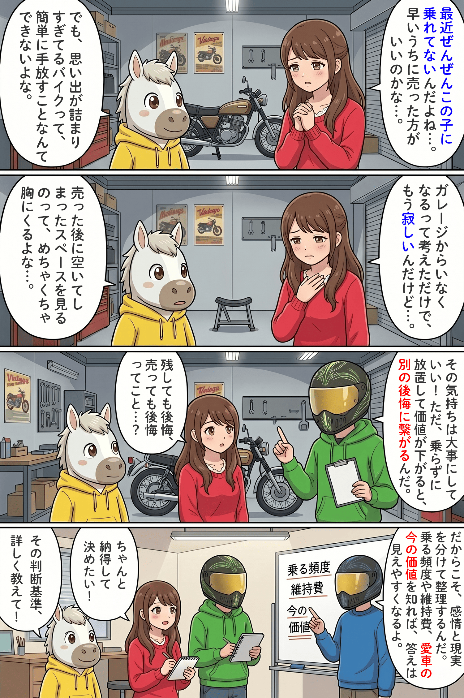 「バイクを売るのは寂しい？手放すときに後悔しないための判断基準と確認ポイント」のコラム冒頭4コマ漫画