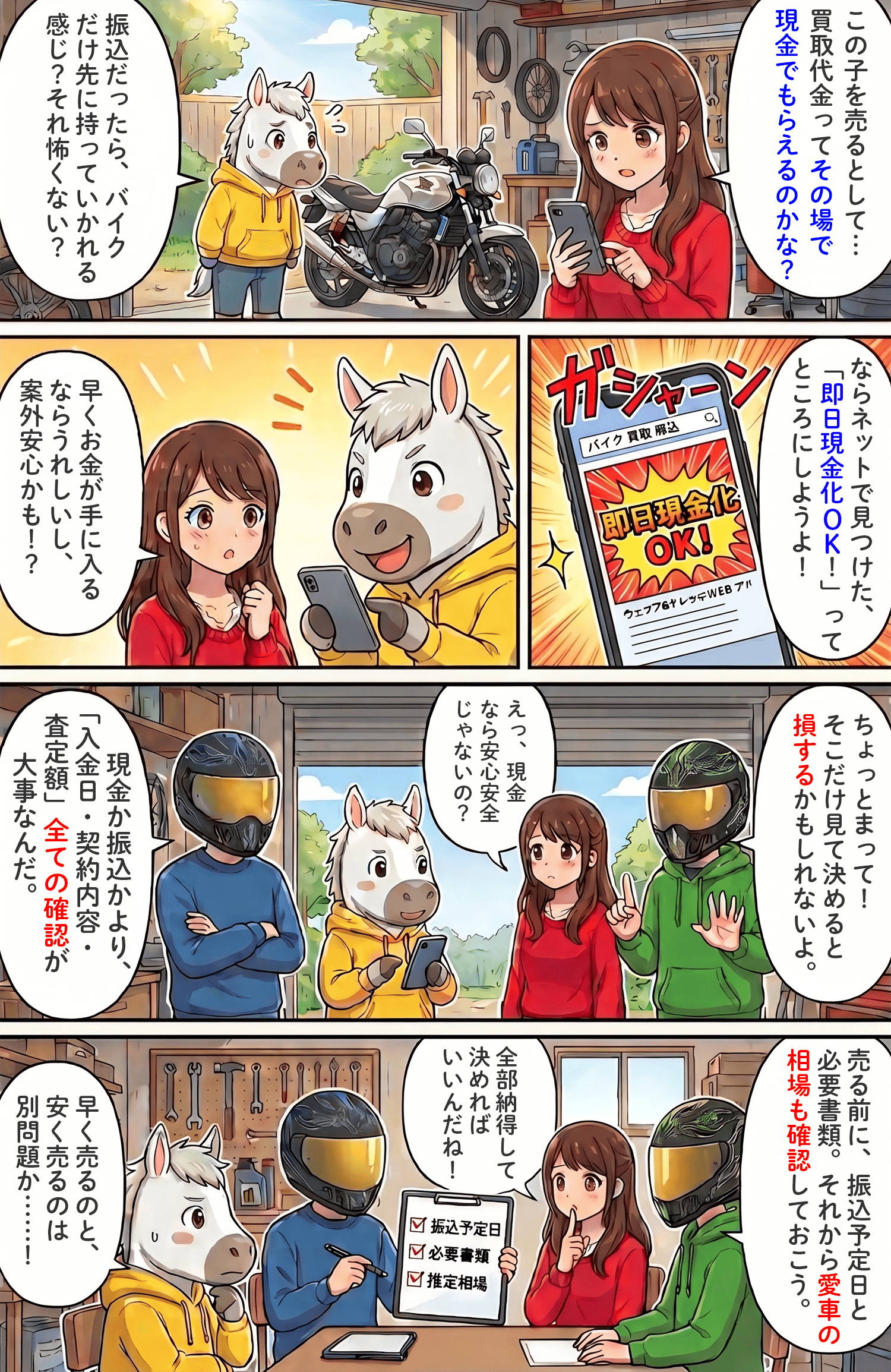 「バイクの買取代金は振込のみ？入金にかかる日数とトラブルを避ける確認ポイント」のコラム冒頭4コマ漫画