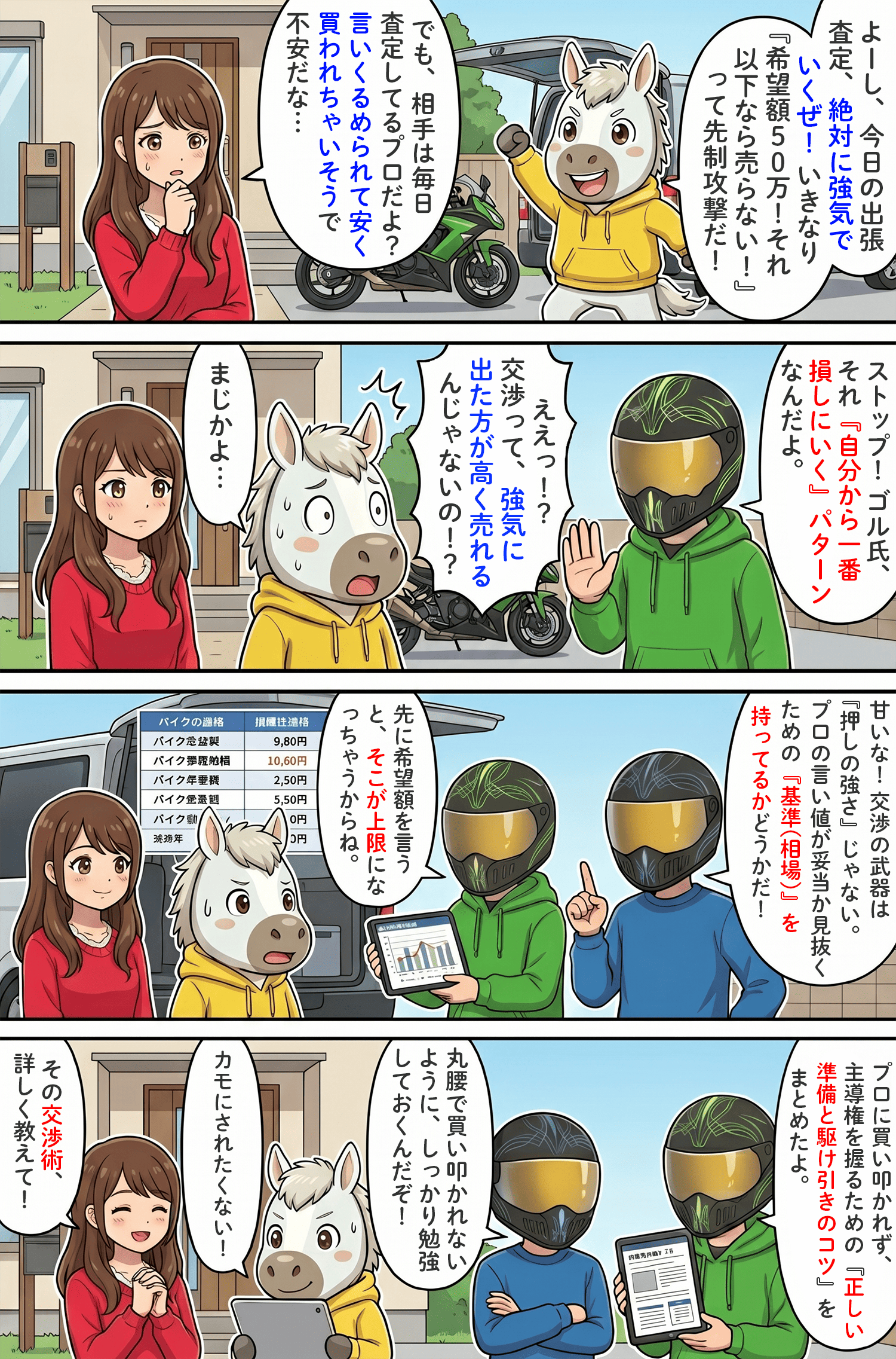 「バイク買取の交渉で損しないための方法とは？買い叩かれず高く売るためのコツ」のコラム冒頭4コマ漫画