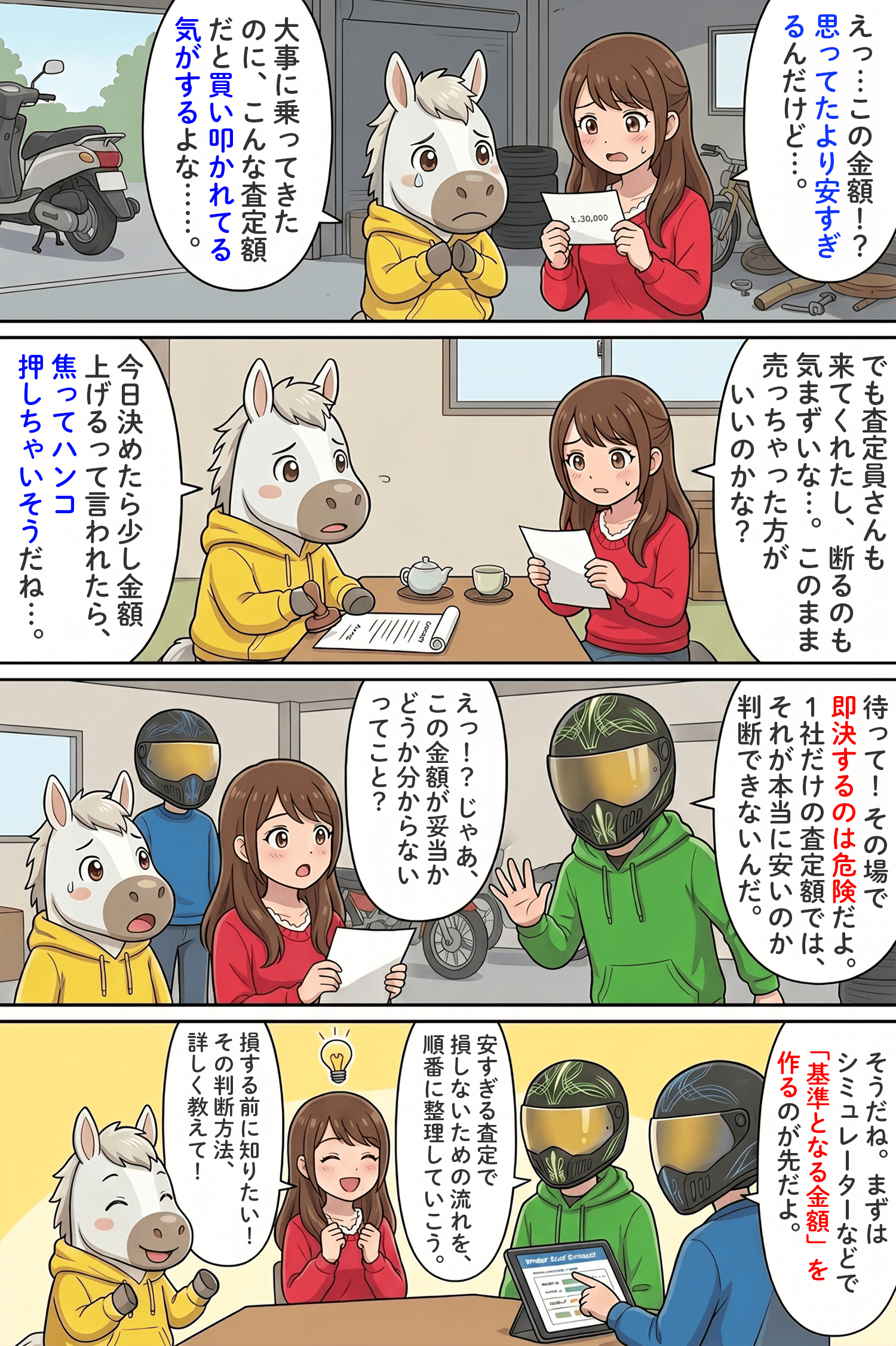 「バイクの買取価格が安すぎると感じたら?査定額の理由と損しないための売却の流れ」のコラム冒頭4コマ漫画