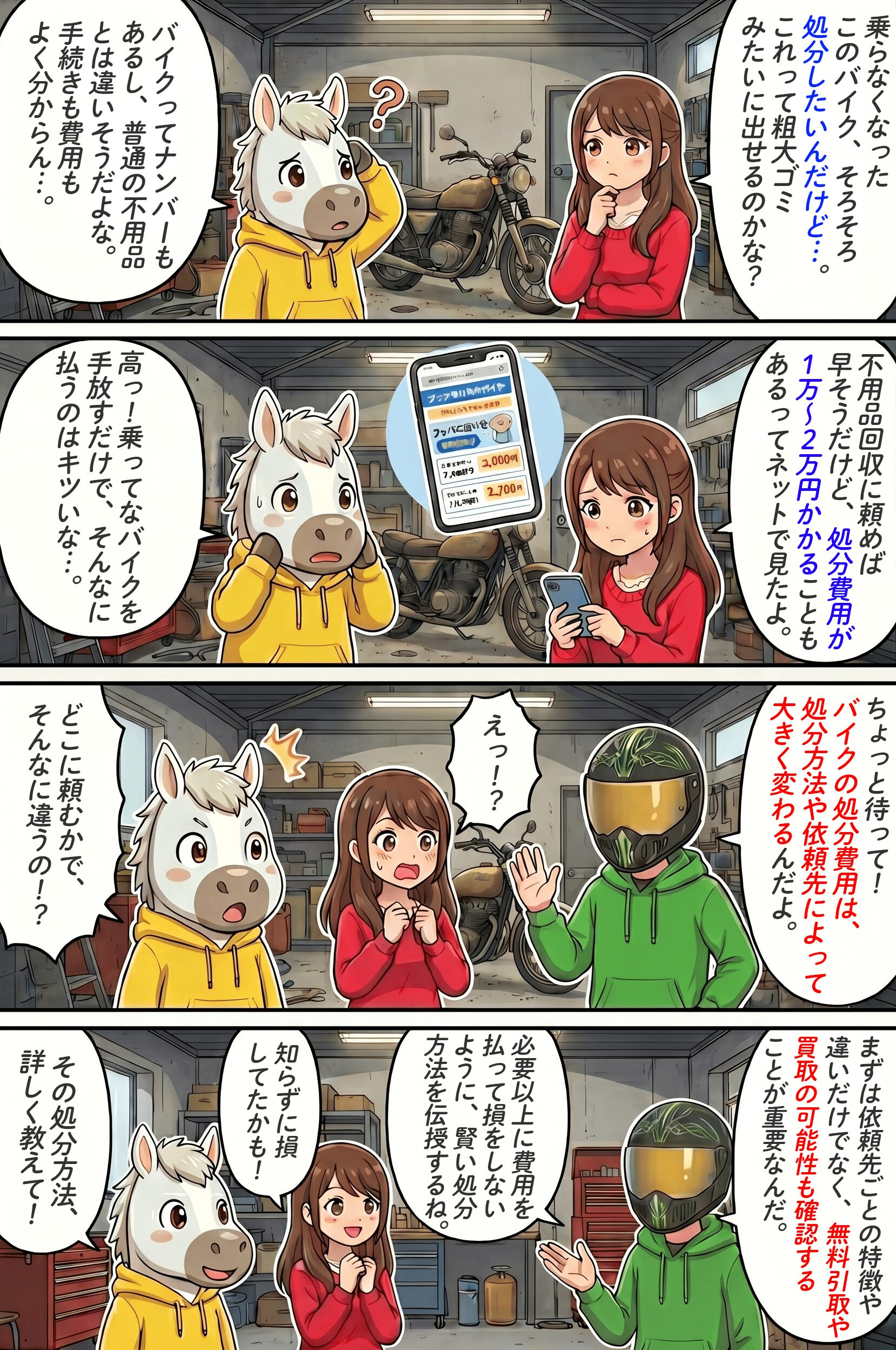 「バイク処分にかかる費用はいくら?処分方法ごとの違いと損をしない手放し方」のコラム冒頭4コマ漫画