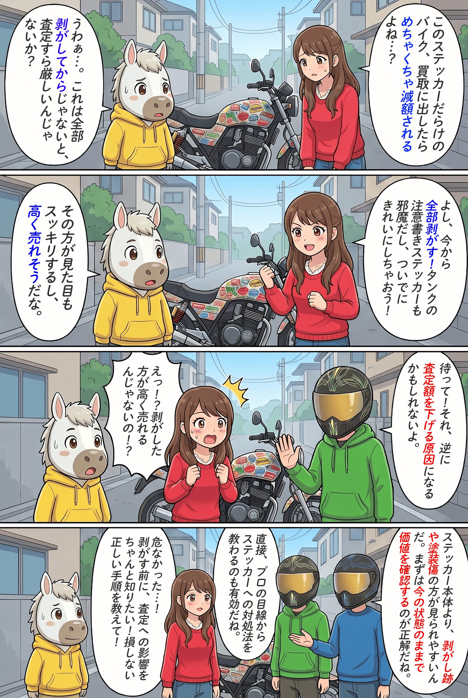 「バイク買取でステッカー付きは減額される?査定額への影響と剥がすべき判断基準とは」のコラム冒頭4コマ漫画