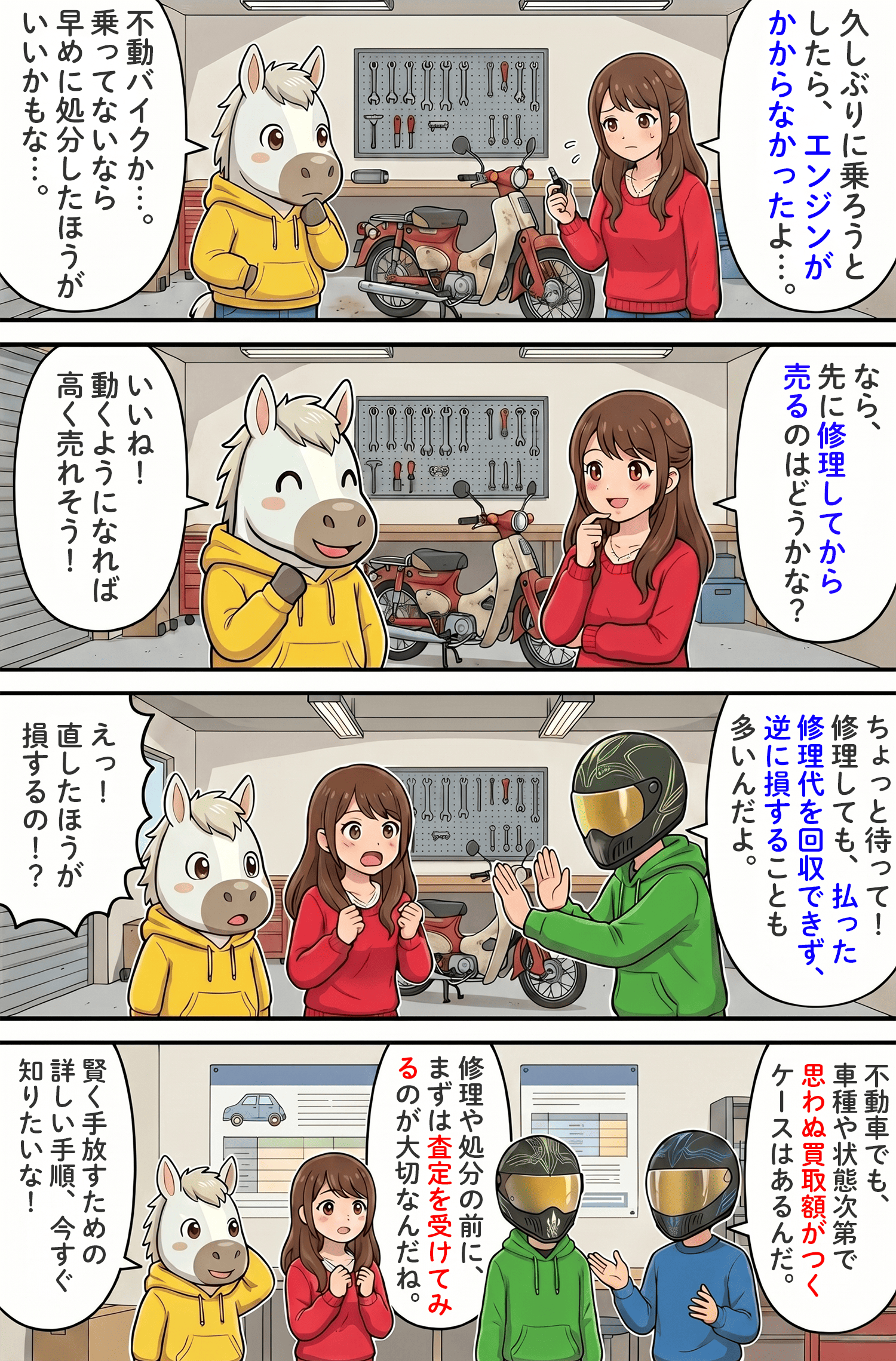 「エンジンがかからない不動バイクでも買取可能?修理や処分を検討する前に取るべき行動」のコラム冒頭4コマ漫画
